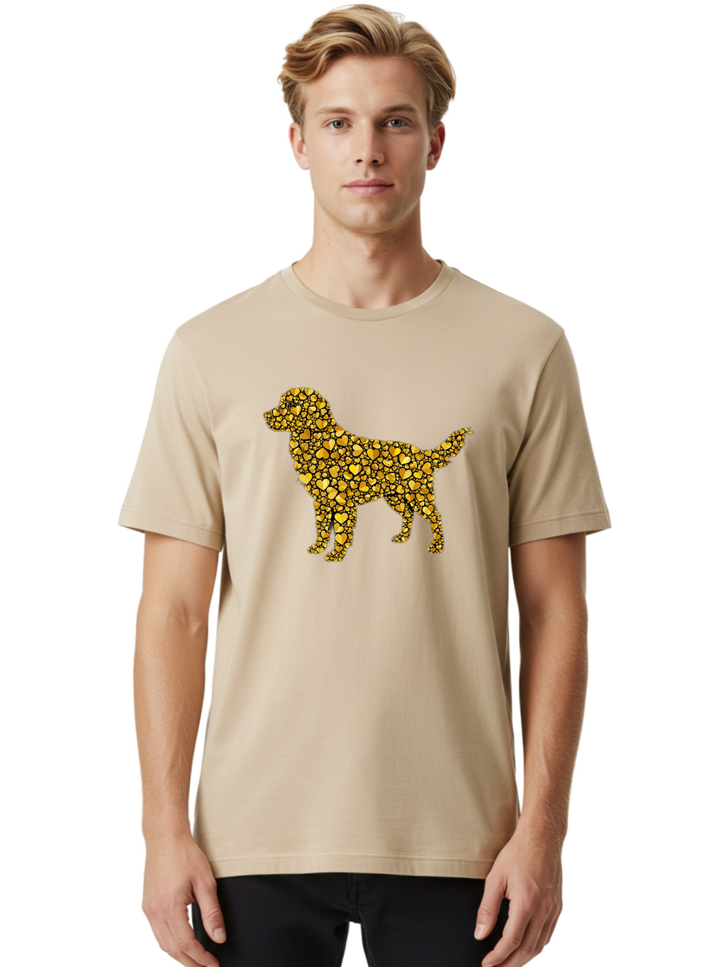 Dog-Golden-Hearts Men'S Graphic Tee, 100% Cotton, Comfortable Casual Summer Wear, Machine Washable, Dog Silhouette, Golden Hearts, Black Outlines, Animal Design, Heart Pattern, Golden Hues, Dog Shape, Heart-Filled Dog Bab860