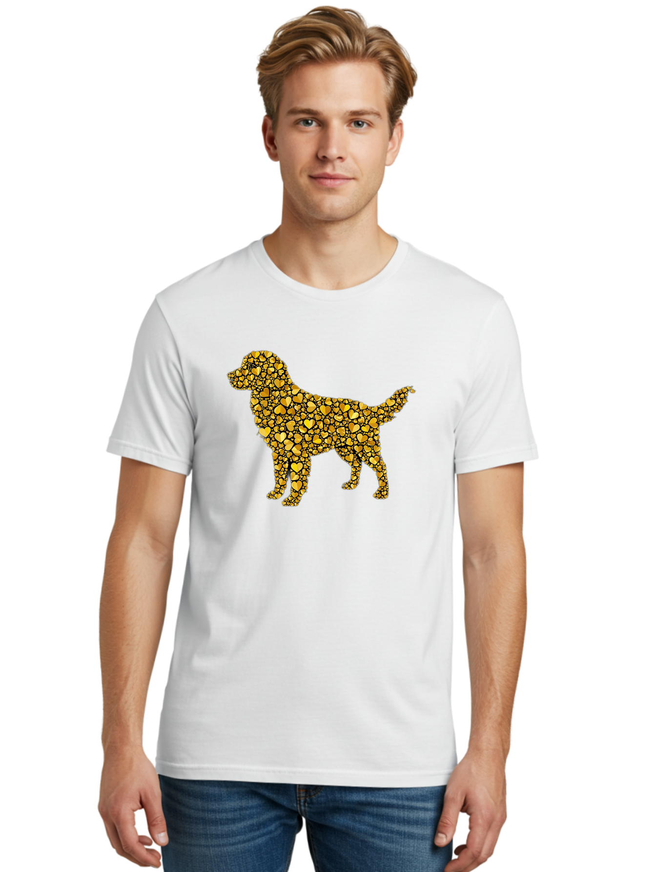 Dog-Golden-Hearts Men'S Graphic Tee, 100% Cotton, Comfortable Casual Summer Wear, Machine Washable, Dog Silhouette, Golden Hearts, Black Outlines, Animal Design, Heart Pattern, Golden Hues, Dog Shape, Heart-Filled Dog Bab860