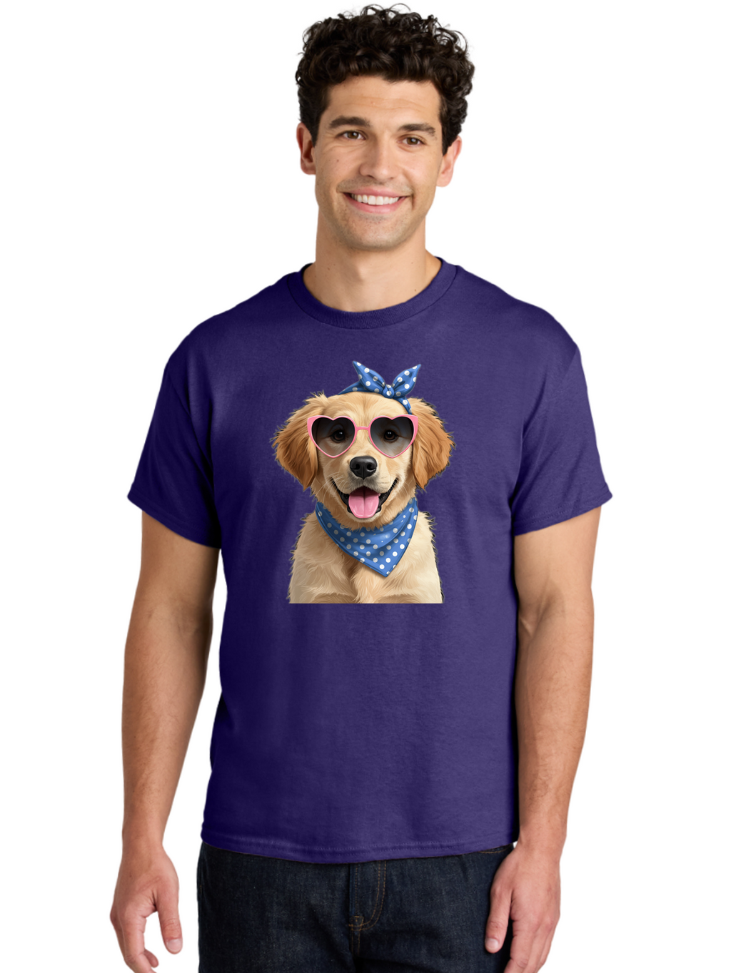 Dog-In-Sunglasses Men'S Graphic Tee, 100% Cotton, Comfortable Casual Summer Wear, Machine Washable, Golden Retriever Dog, Heart-Shaped Sunglasses, Blue Bandana, White Polka Dots, Pink Frames, Happy Dog, Playful Pet, Cute Animal, Funny Dog, Bab861