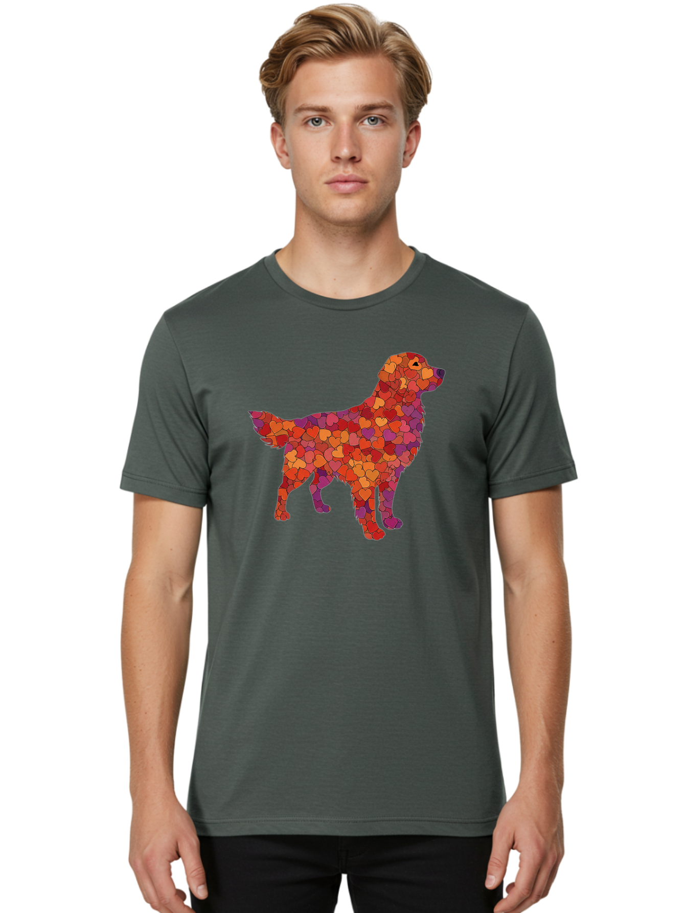 Dog-Mosaic Men'S Graphic Tee, 100% Cotton, Comfortable Casual Summer Wear, Machine Washable, Colorful Dog Silhouette, Heart-Shaped Mosaic, Orange, Red, Purple Hues, Abstract Dog Art, Vibrant Dog Design, Mosaic Art, Heart Pattern, Bab862