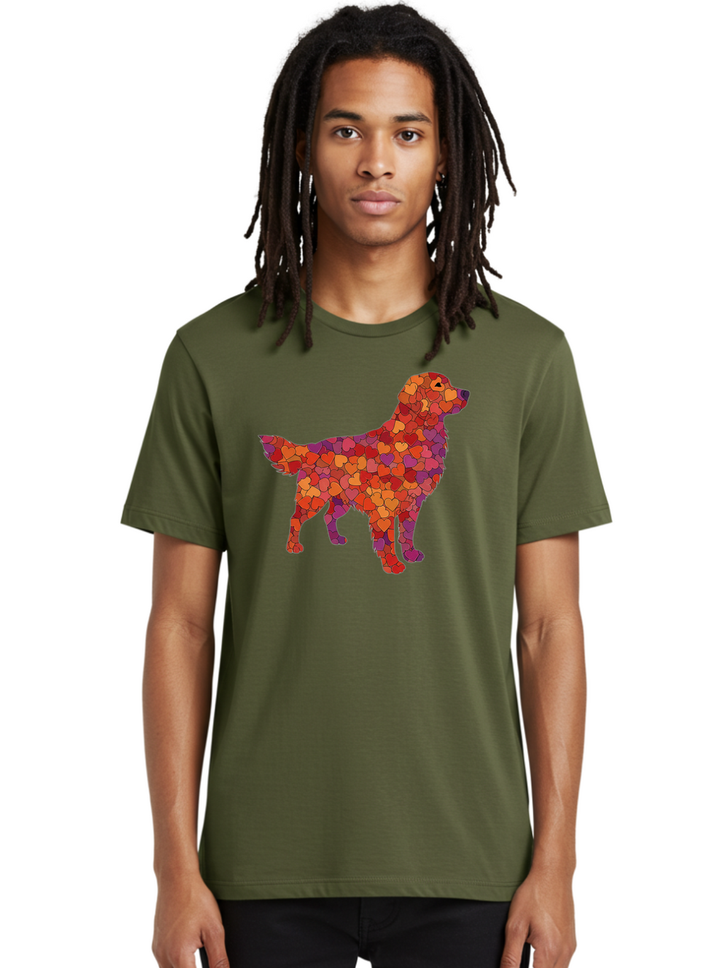 Dog-Mosaic Men'S Graphic Tee, 100% Cotton, Comfortable Casual Summer Wear, Machine Washable, Colorful Dog Silhouette, Heart-Shaped Mosaic, Orange, Red, Purple Hues, Abstract Dog Art, Vibrant Dog Design, Mosaic Art, Heart Pattern, Bab862