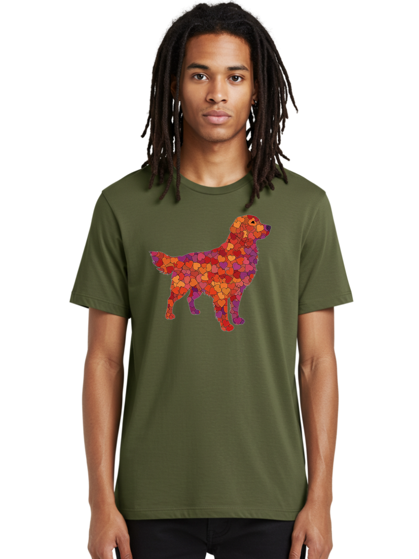 Dog-Mosaic Men'S Graphic Tee, 100% Cotton, Comfortable Casual Summer Wear, Machine Washable, Colorful Dog Silhouette, Heart-Shaped Mosaic, Orange, Red, Purple Hues, Abstract Dog Art, Vibrant Dog Design, Mosaic Art, Heart Pattern, Bab862