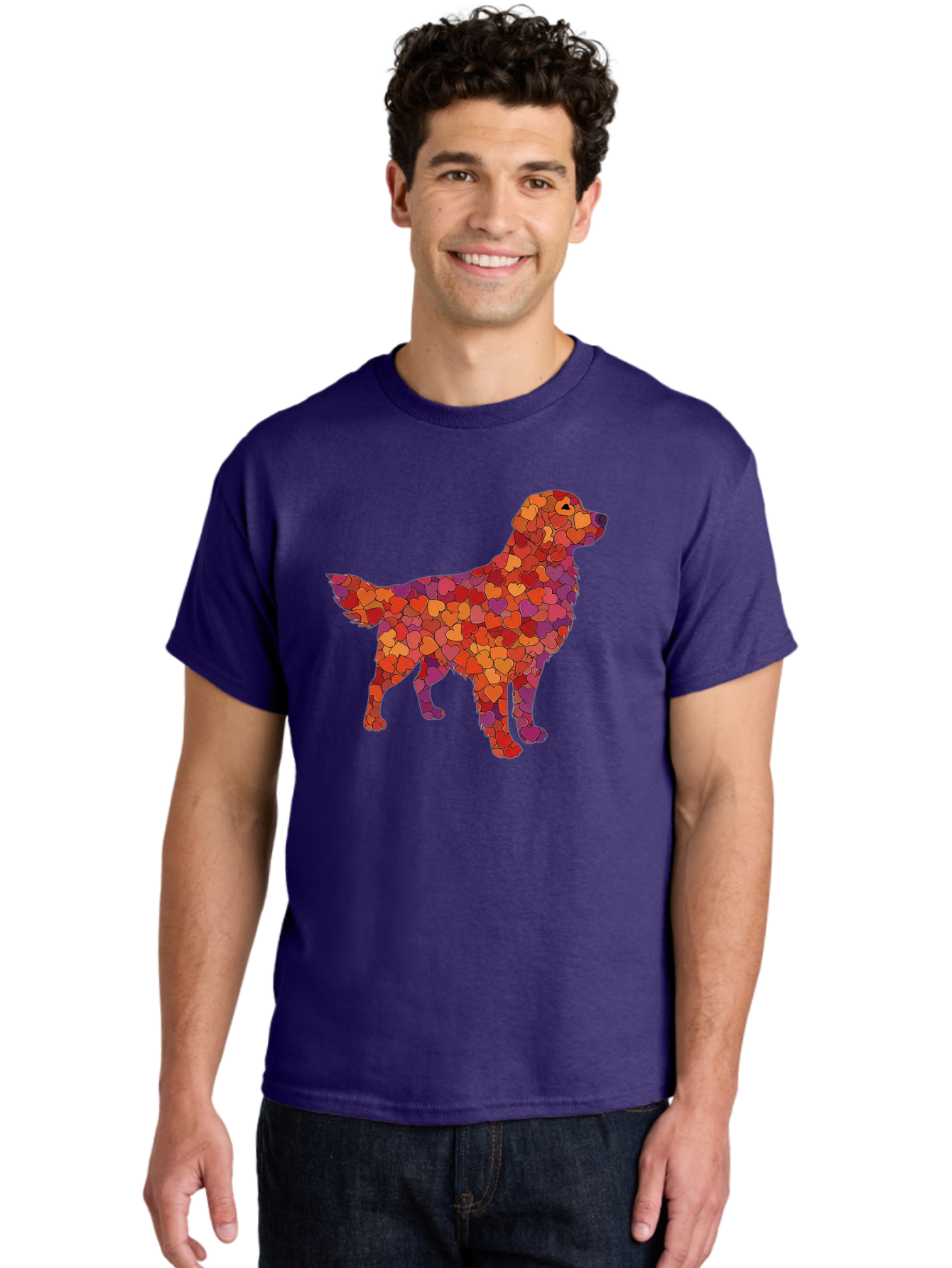 Dog-Mosaic Men'S Graphic Tee, 100% Cotton, Comfortable Casual Summer Wear, Machine Washable, Colorful Dog Silhouette, Heart-Shaped Mosaic, Orange, Red, Purple Hues, Abstract Dog Art, Vibrant Dog Design, Mosaic Art, Heart Pattern, Bab862