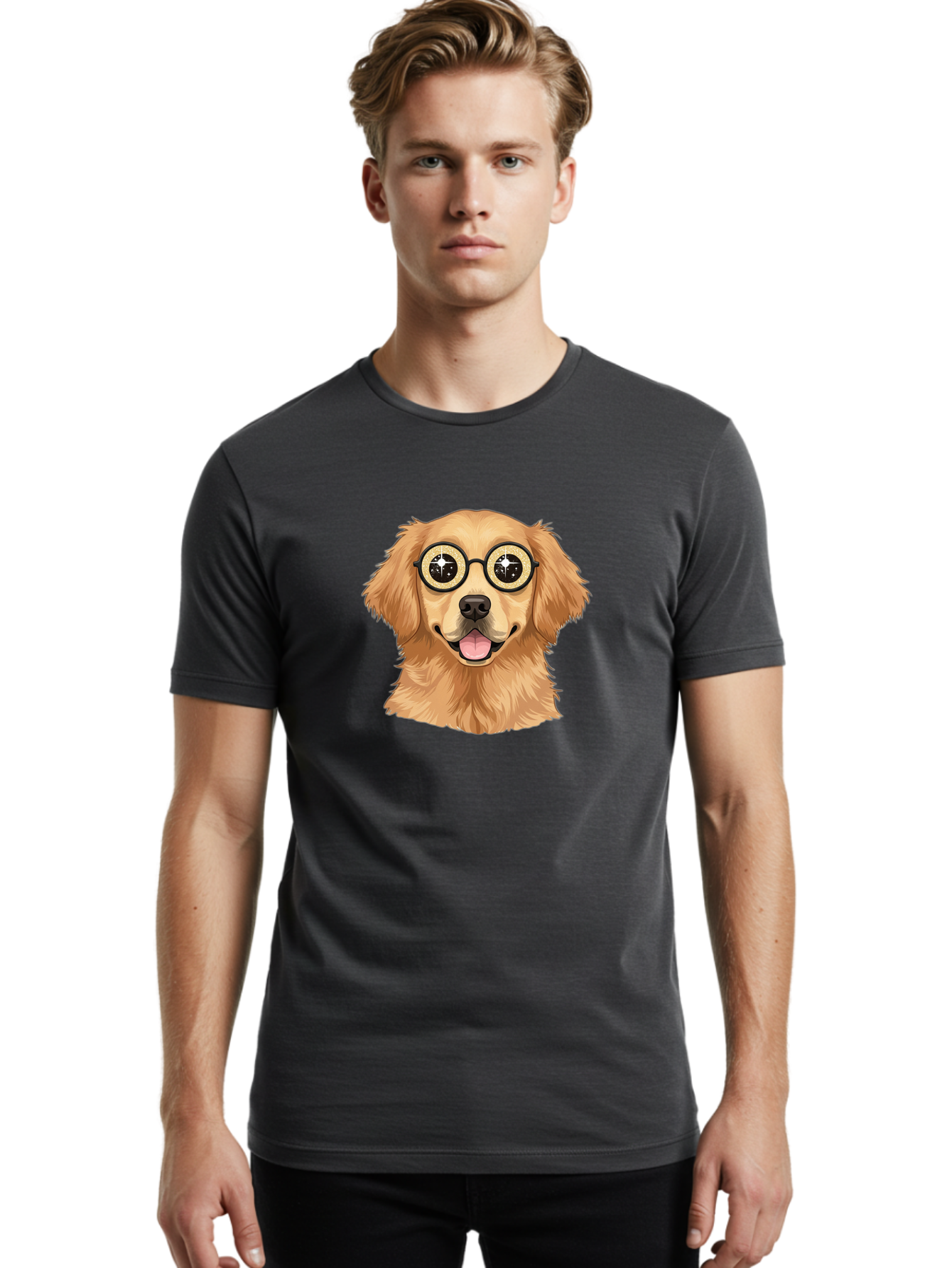 Dog-Wearing-Glasses Men'S Graphic Tee, 100% Cotton, Comfortable Casual Summer Wear, Machine Washable, Cartoon Dog, Golden Retriever, Eyeglasses, Smiling Dog, Happy Animal, Playful Puppy, Dog Portrait, Funny Dog, Dog With Glasses, Bab863