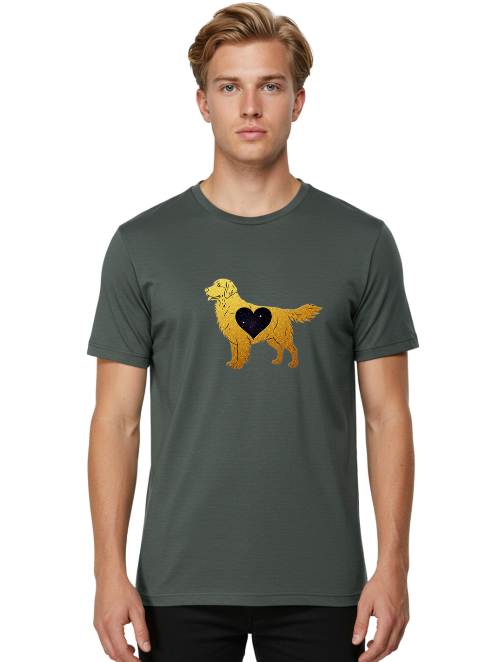Dog-With-Galaxy-Heart Men'S Graphic Tee, 100% Cotton, Comfortable Casual Summer Wear, Machine Washable, Golden Retriever Illustration, Galaxy Heart, Starry Night, Dog Love, Furry Friend, Stylized Artwork, Canine Charm, Celestial Theme, Bab864