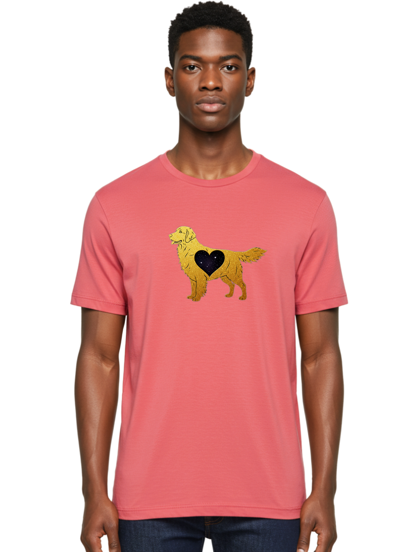 Dog-With-Galaxy-Heart Men'S Graphic Tee, 100% Cotton, Comfortable Casual Summer Wear, Machine Washable, Golden Retriever Illustration, Galaxy Heart, Starry Night, Dog Love, Furry Friend, Stylized Artwork, Canine Charm, Celestial Theme, Bab864