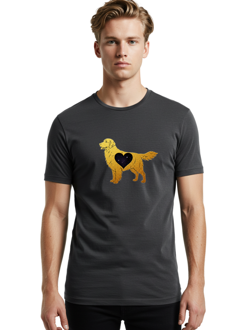 Dog-With-Galaxy-Heart Men'S Graphic Tee, 100% Cotton, Comfortable Casual Summer Wear, Machine Washable, Golden Retriever Illustration, Galaxy Heart, Starry Night, Dog Love, Furry Friend, Stylized Artwork, Canine Charm, Celestial Theme, Bab864