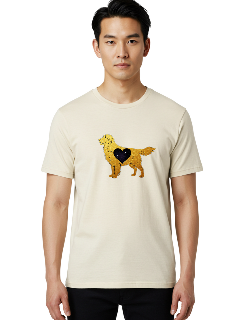 Dog-With-Galaxy-Heart Men'S Graphic Tee, 100% Cotton, Comfortable Casual Summer Wear, Machine Washable, Golden Retriever Illustration, Galaxy Heart, Starry Night, Dog Love, Furry Friend, Stylized Artwork, Canine Charm, Celestial Theme, Bab864
