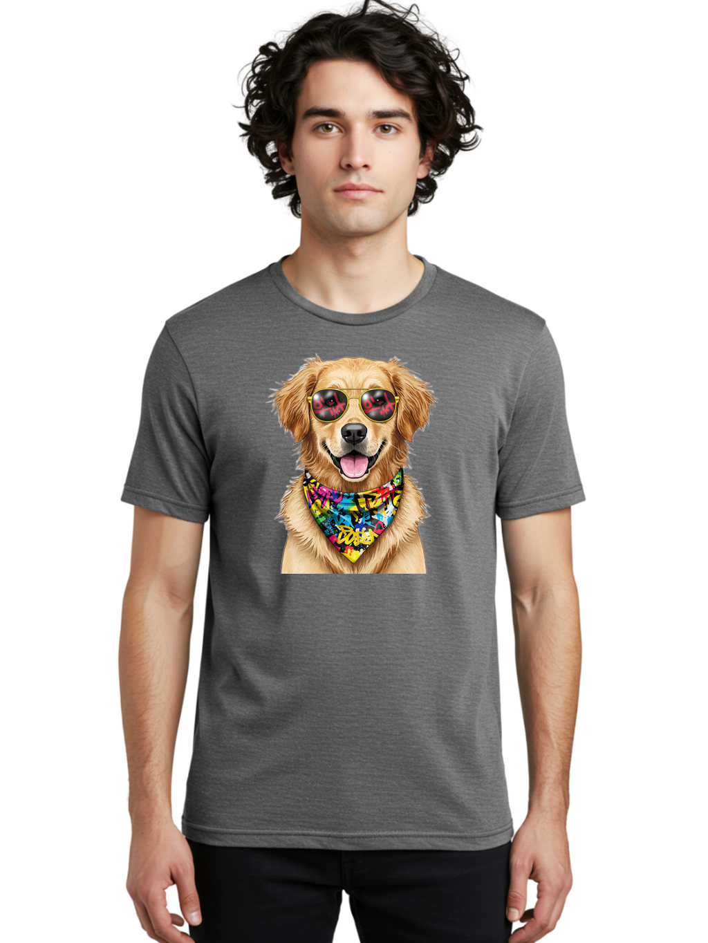 Dog Men'S Graphic Tee, 100% Cotton, Comfortable Casual Summer Wear, Machine Washable, Golden Retriever, Dog Wearing Sunglasses, Colorful Bandana, Dog Collar, Trendy Dog, Cool Canine, Fun Pet, Vibrant Accessories, Hipster Dog, Stylish Pup Bab865