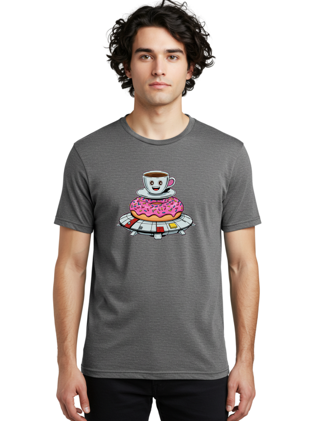 Donut-Coffee-Ufo Men'S Graphic Tee, 100% Cotton, Comfortable Casual Summer Wear, Machine Washable, Smiling Coffee Cup, Donut With Sprinkles, Flying Saucer, Cartoon Style, Whimsical Design, Fantasy Food, Humorous Illustration, Bab868