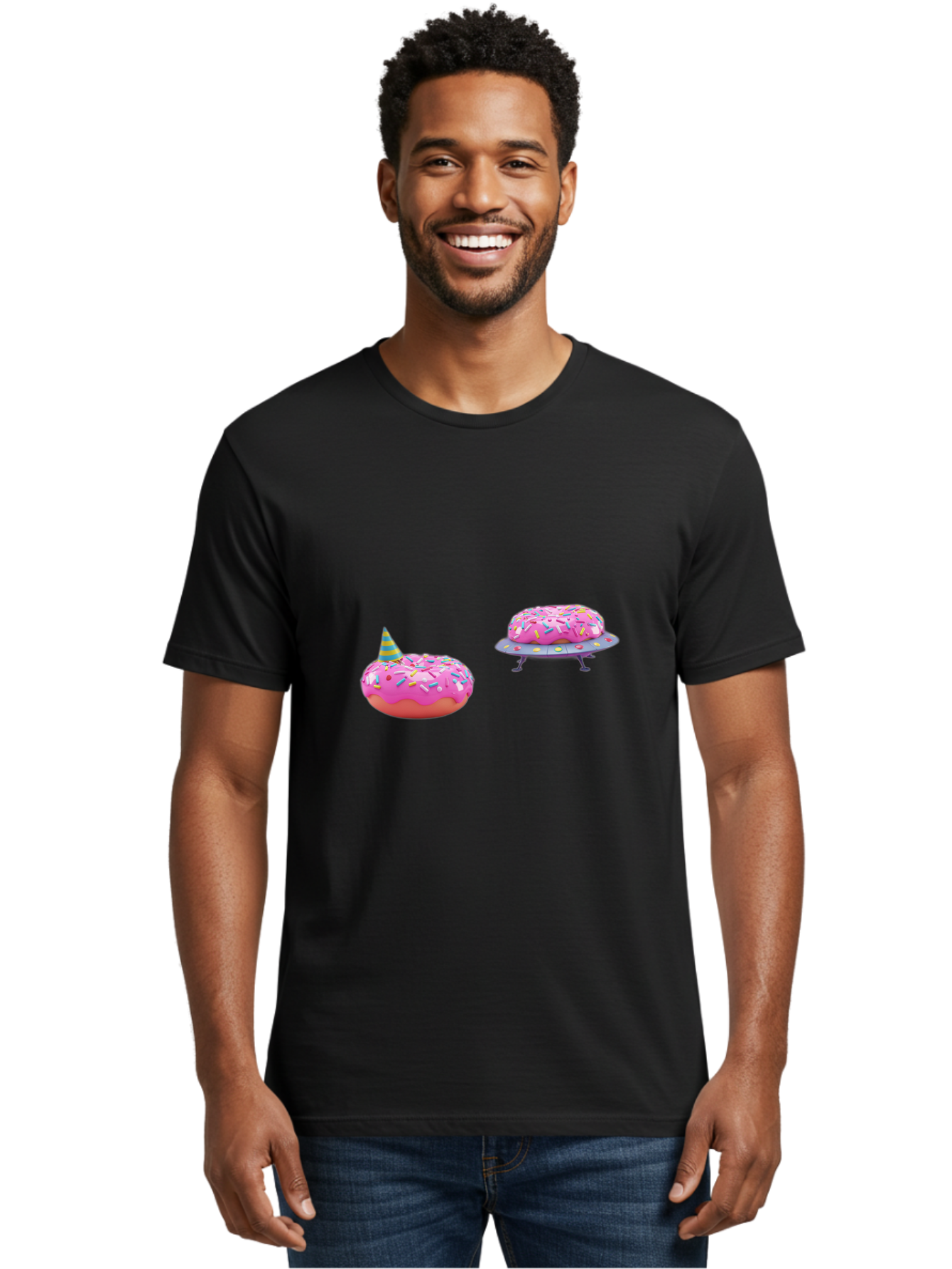 Donut-Party Men'S Graphic Tee, 100% Cotton, Comfortable Casual Summer Wear, Machine Washable, Pink Donut Inflatables, Donut Shaped Pool Floats, Colorful Sprinkles, Party Hat, Whimsical Decor, Fun Accessories, Retro Style, Summer Vibes Bab869