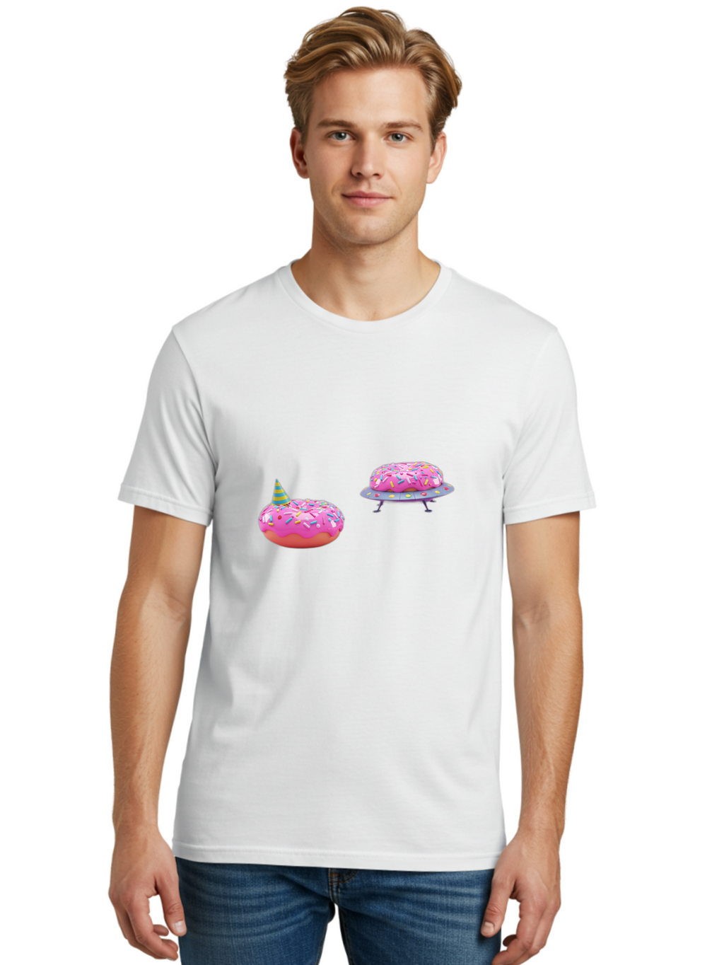 Donut-Party Men'S Graphic Tee, 100% Cotton, Comfortable Casual Summer Wear, Machine Washable, Pink Donut Inflatables, Donut Shaped Pool Floats, Colorful Sprinkles, Party Hat, Whimsical Decor, Fun Accessories, Retro Style, Summer Vibes Bab869