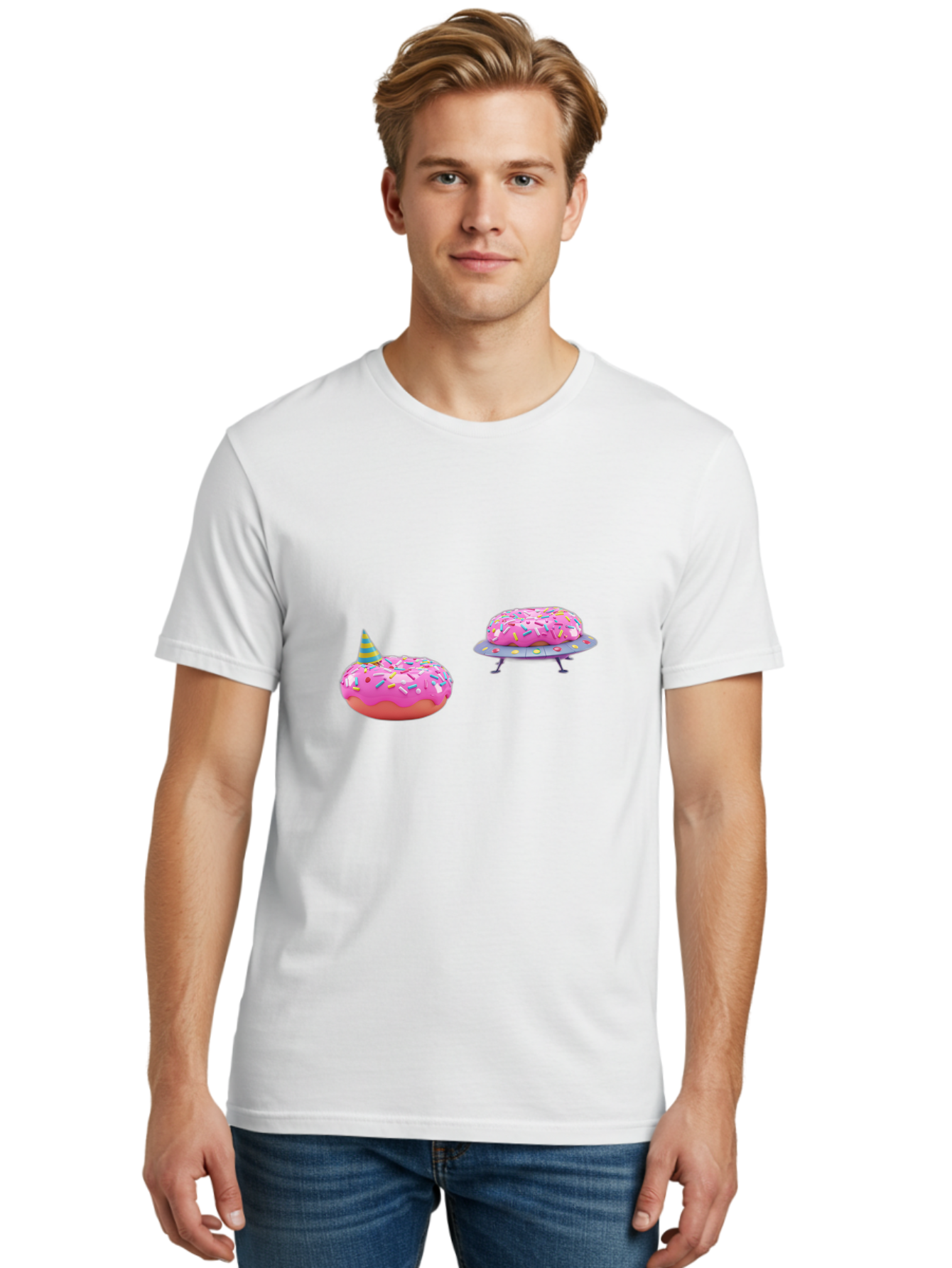 Donut-Party Men'S Graphic Tee, 100% Cotton, Comfortable Casual Summer Wear, Machine Washable, Pink Donut Inflatables, Donut Shaped Pool Floats, Colorful Sprinkles, Party Hat, Whimsical Decor, Fun Accessories, Retro Style, Summer Vibes Bab869
