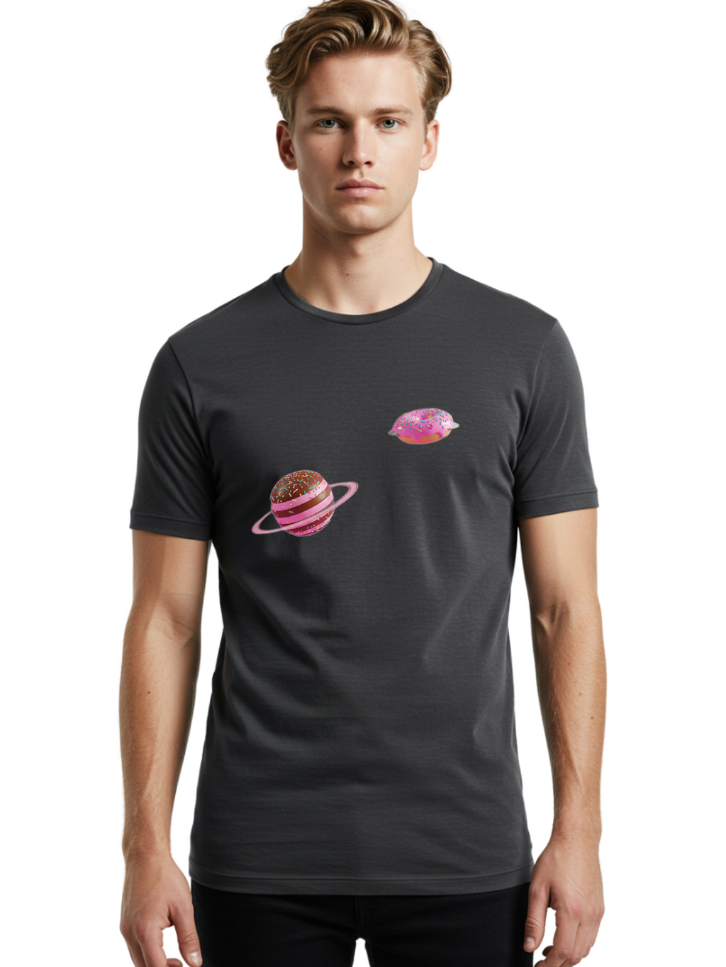 Donut-Planets Men'S Graphic Tee, 100% Cotton, Comfortable Casual Summer Wear, Machine Washable, Donut With Sprinkles, Planet With Ring, Pink Frosting, Chocolate Donut, Sprinkle Donut, Donut Planet, Fantasy Dessert, Sweet Treat, Bab870