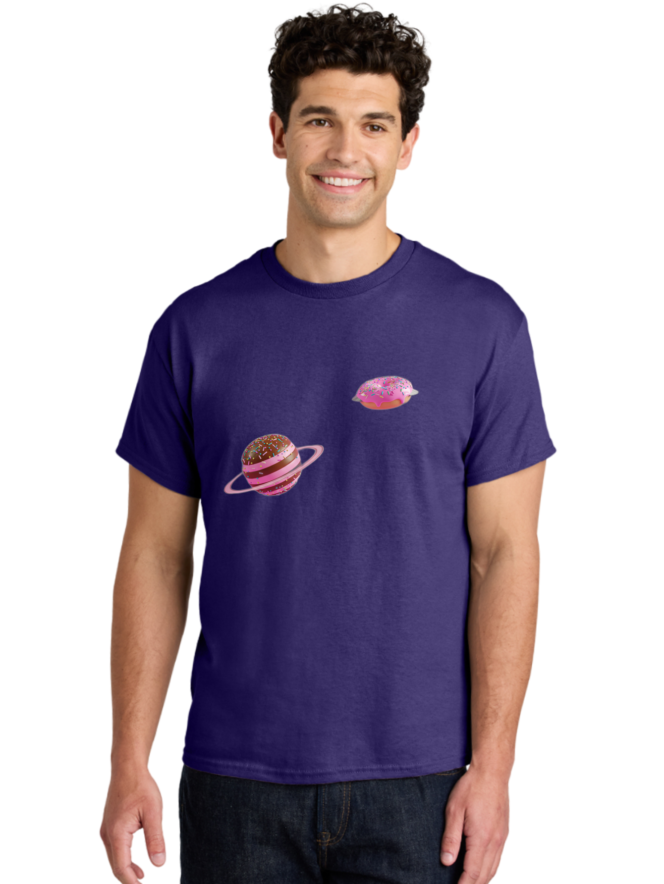 Donut-Planets Men'S Graphic Tee, 100% Cotton, Comfortable Casual Summer Wear, Machine Washable, Donut With Sprinkles, Planet With Ring, Pink Frosting, Chocolate Donut, Sprinkle Donut, Donut Planet, Fantasy Dessert, Sweet Treat, Bab870