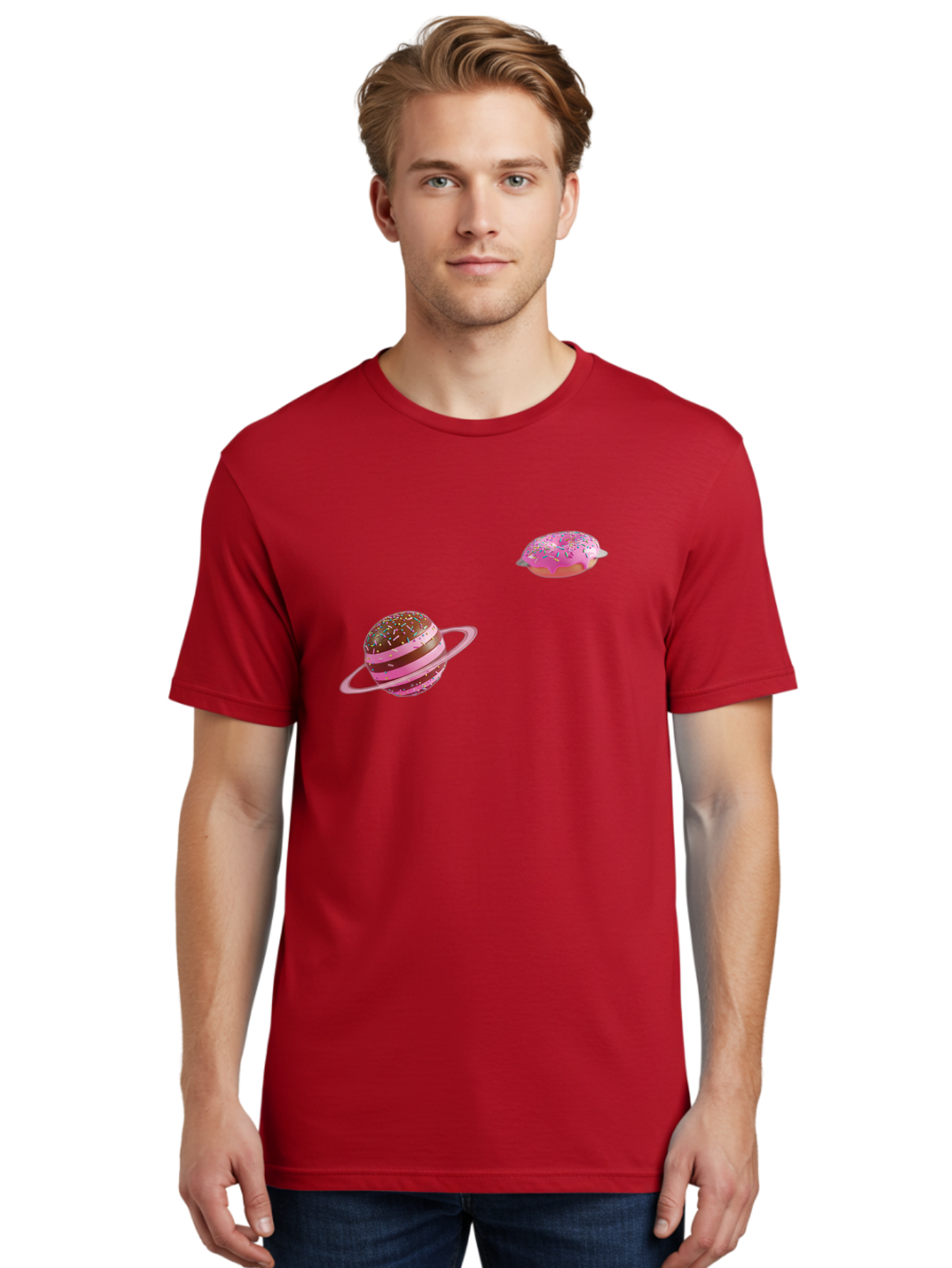 Donut-Planets Men'S Graphic Tee, 100% Cotton, Comfortable Casual Summer Wear, Machine Washable, Donut With Sprinkles, Planet With Ring, Pink Frosting, Chocolate Donut, Sprinkle Donut, Donut Planet, Fantasy Dessert, Sweet Treat, Bab870