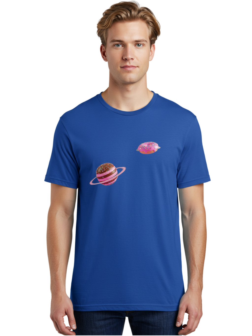 Donut-Planets Men'S Graphic Tee, 100% Cotton, Comfortable Casual Summer Wear, Machine Washable, Donut With Sprinkles, Planet With Ring, Pink Frosting, Chocolate Donut, Sprinkle Donut, Donut Planet, Fantasy Dessert, Sweet Treat, Bab870
