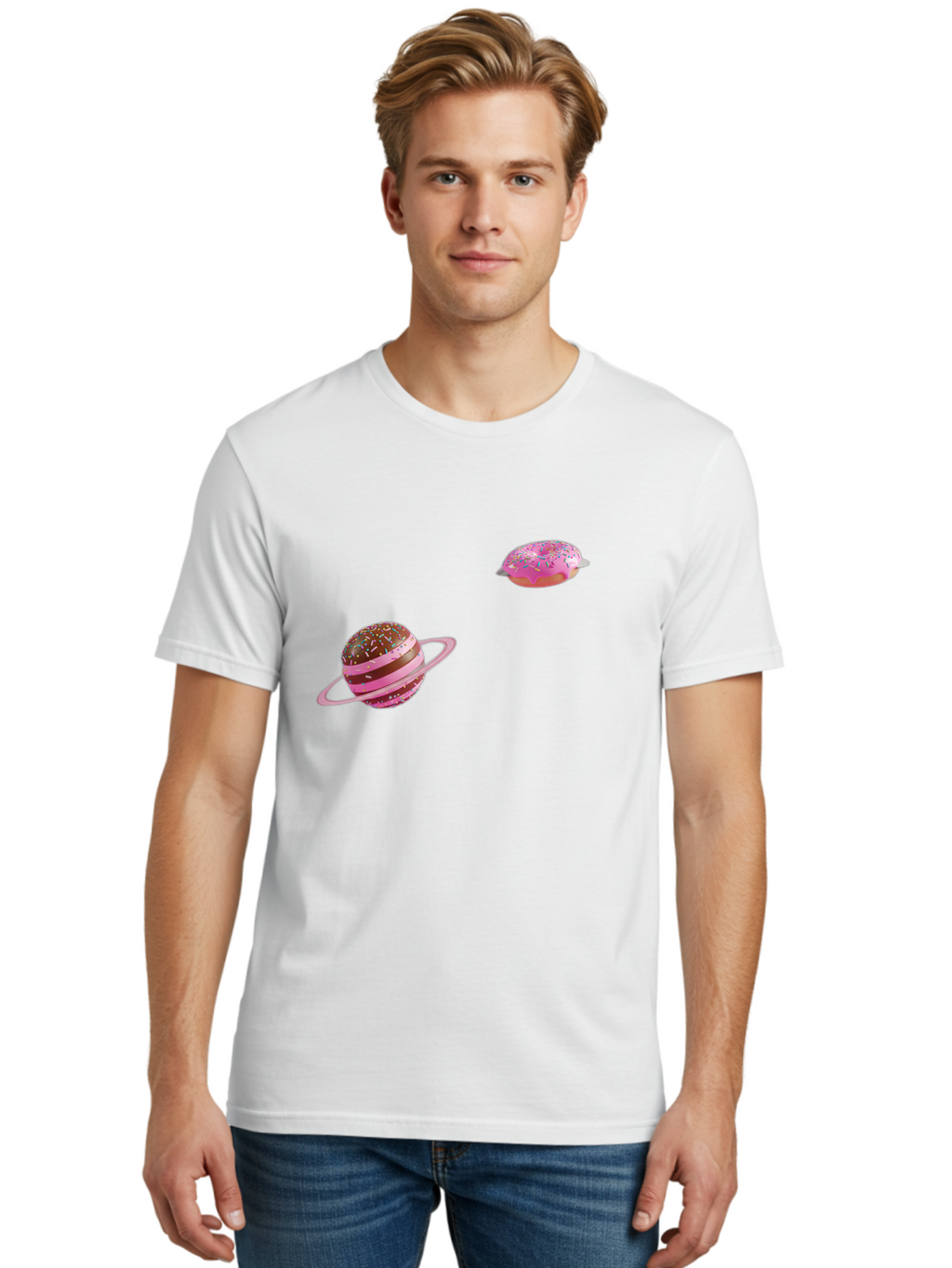 Donut-Planets Men'S Graphic Tee, 100% Cotton, Comfortable Casual Summer Wear, Machine Washable, Donut With Sprinkles, Planet With Ring, Pink Frosting, Chocolate Donut, Sprinkle Donut, Donut Planet, Fantasy Dessert, Sweet Treat, Bab870