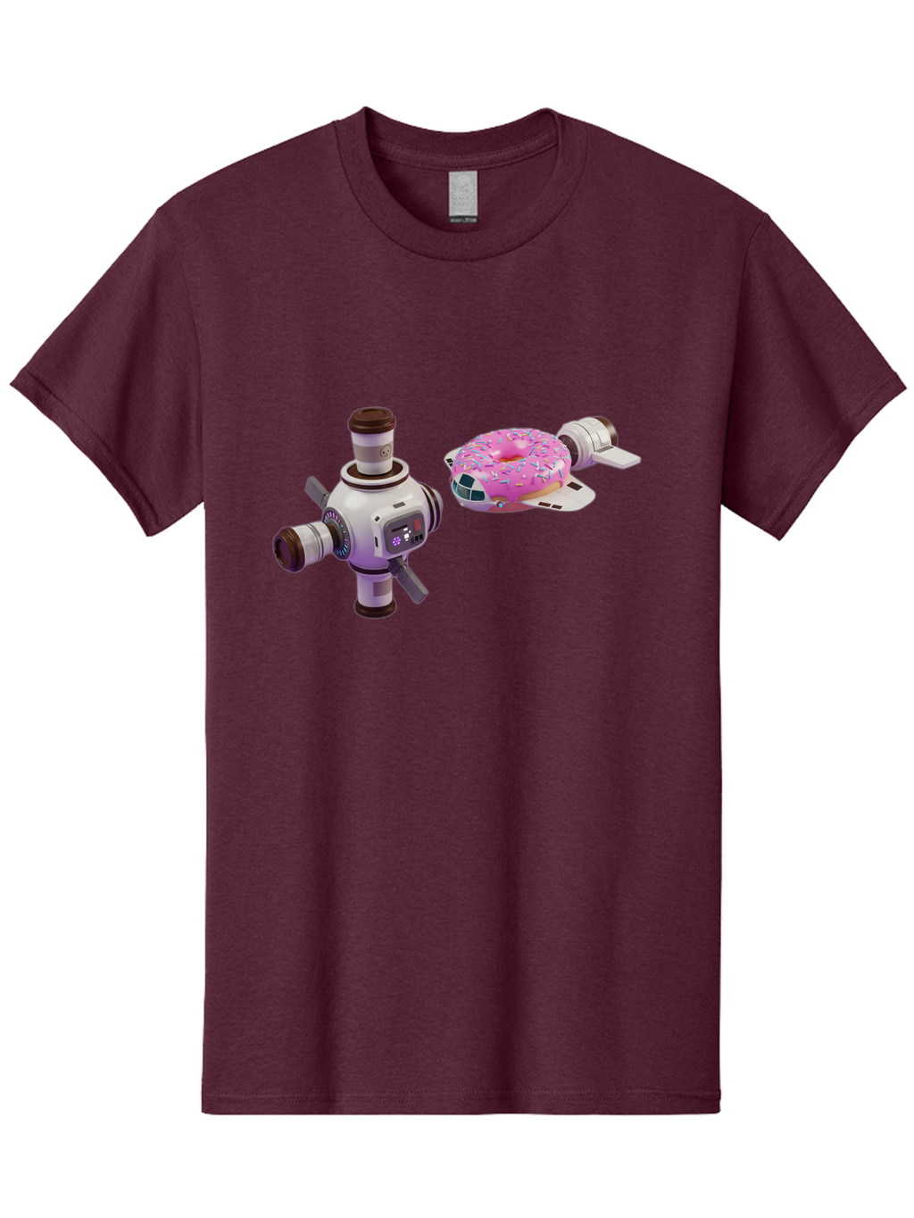 Donut-Spacecraft Men'S Graphic Tee, 100% Cotton, Comfortable Casual Summer Wear, Machine Washable, Donut Spaceship, Flying Saucer, Pink Frosted Donut, Sprinkles, Cartoon Style, Alien Spacecraft, Sci-Fi, Whimsical, Playful, Futuristic, Bab872