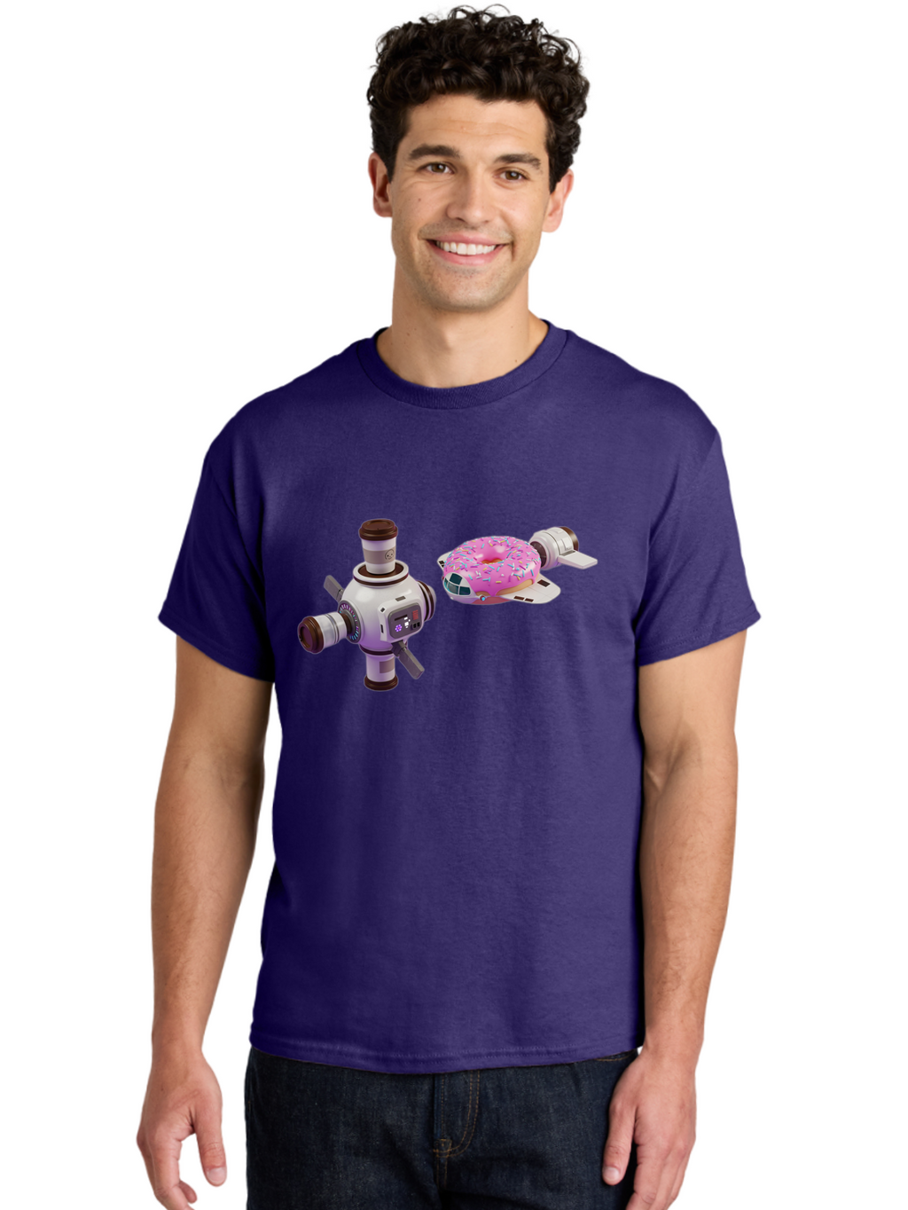 Donut-Spacecraft Men'S Graphic Tee, 100% Cotton, Comfortable Casual Summer Wear, Machine Washable, Donut Spaceship, Flying Saucer, Pink Frosted Donut, Sprinkles, Cartoon Style, Alien Spacecraft, Sci-Fi, Whimsical, Playful, Futuristic, Bab872