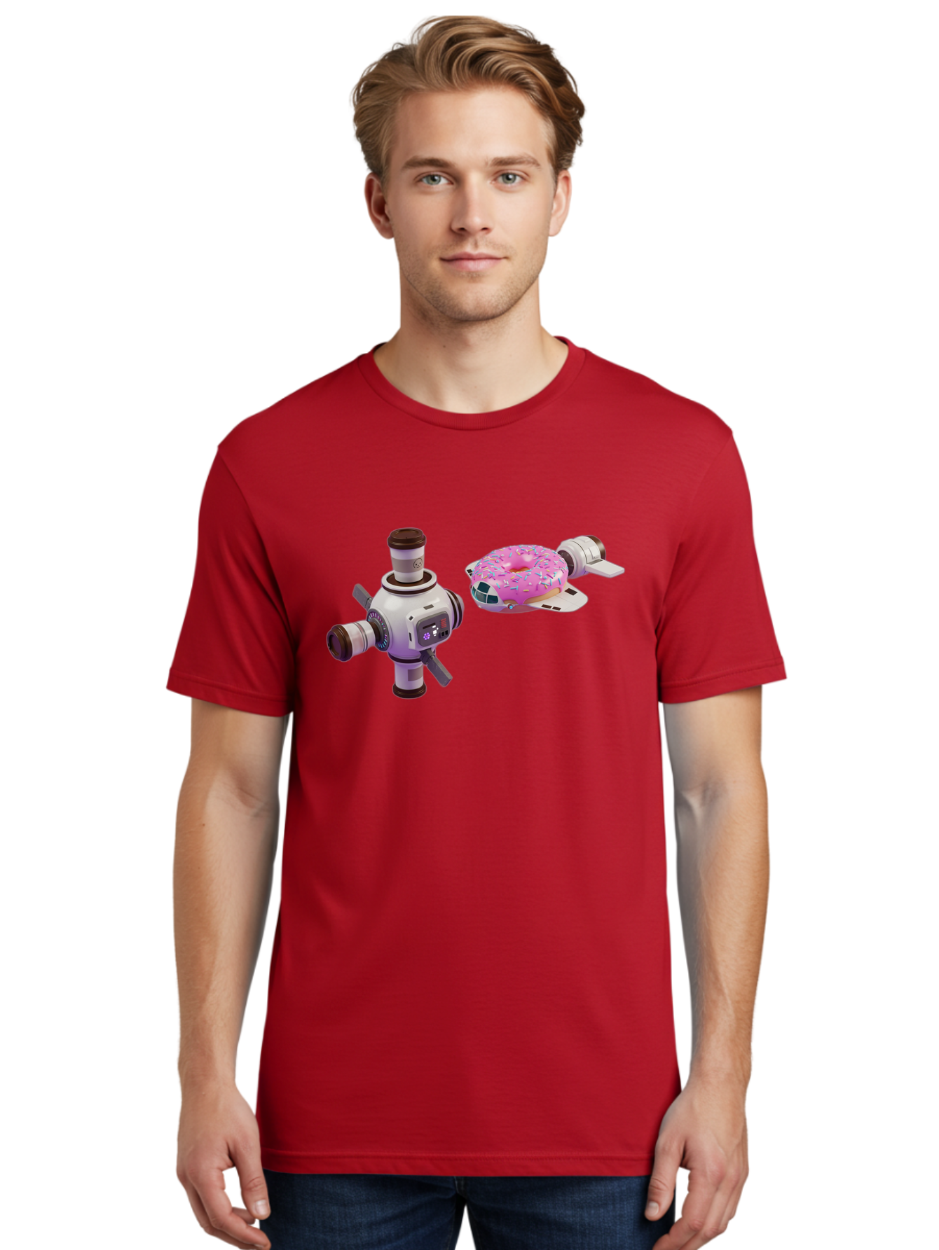 Donut-Spacecraft Men'S Graphic Tee, 100% Cotton, Comfortable Casual Summer Wear, Machine Washable, Donut Spaceship, Flying Saucer, Pink Frosted Donut, Sprinkles, Cartoon Style, Alien Spacecraft, Sci-Fi, Whimsical, Playful, Futuristic, Bab872