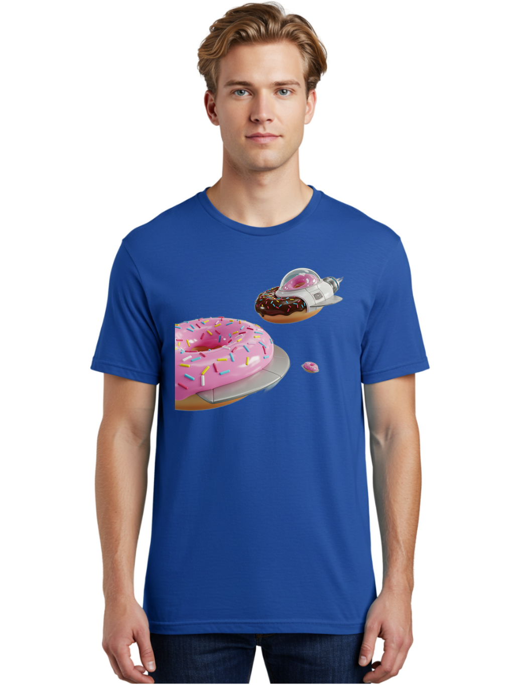 Donut-Ufo-1 Men'S Graphic Tee, 100% Cotton, Comfortable Casual Summer Wear, Machine Washable, Donut Spaceship, Pink Glazed Donut, Chocolate Frosted Donut, Sprinkles, Ufo, Space Ship, Donut On A Spaceship, Quirky, Funny, Sweet Treats, Creative, Bab873