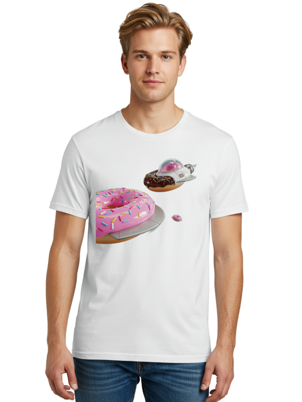 Donut-Ufo-1 Men'S Graphic Tee, 100% Cotton, Comfortable Casual Summer Wear, Machine Washable, Donut Spaceship, Pink Glazed Donut, Chocolate Frosted Donut, Sprinkles, Ufo, Space Ship, Donut On A Spaceship, Quirky, Funny, Sweet Treats, Creative, Bab873