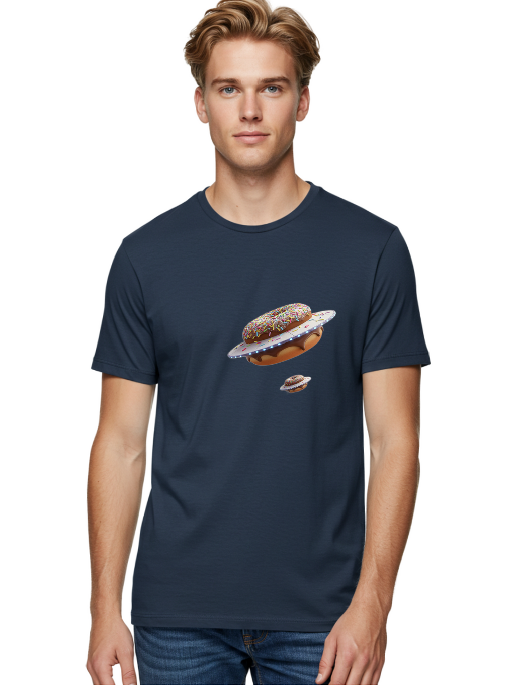 Donut-Ufo-2 Men'S Graphic Tee, 100% Cotton, Comfortable Casual Summer Wear, Machine Washable, Donut Ufo, Sprinkles, Colorful Treats, Flying Donuts, Sweet Galaxy, Whimsical Dessert, Digital Art, Creative Design, Fun Food Bab874