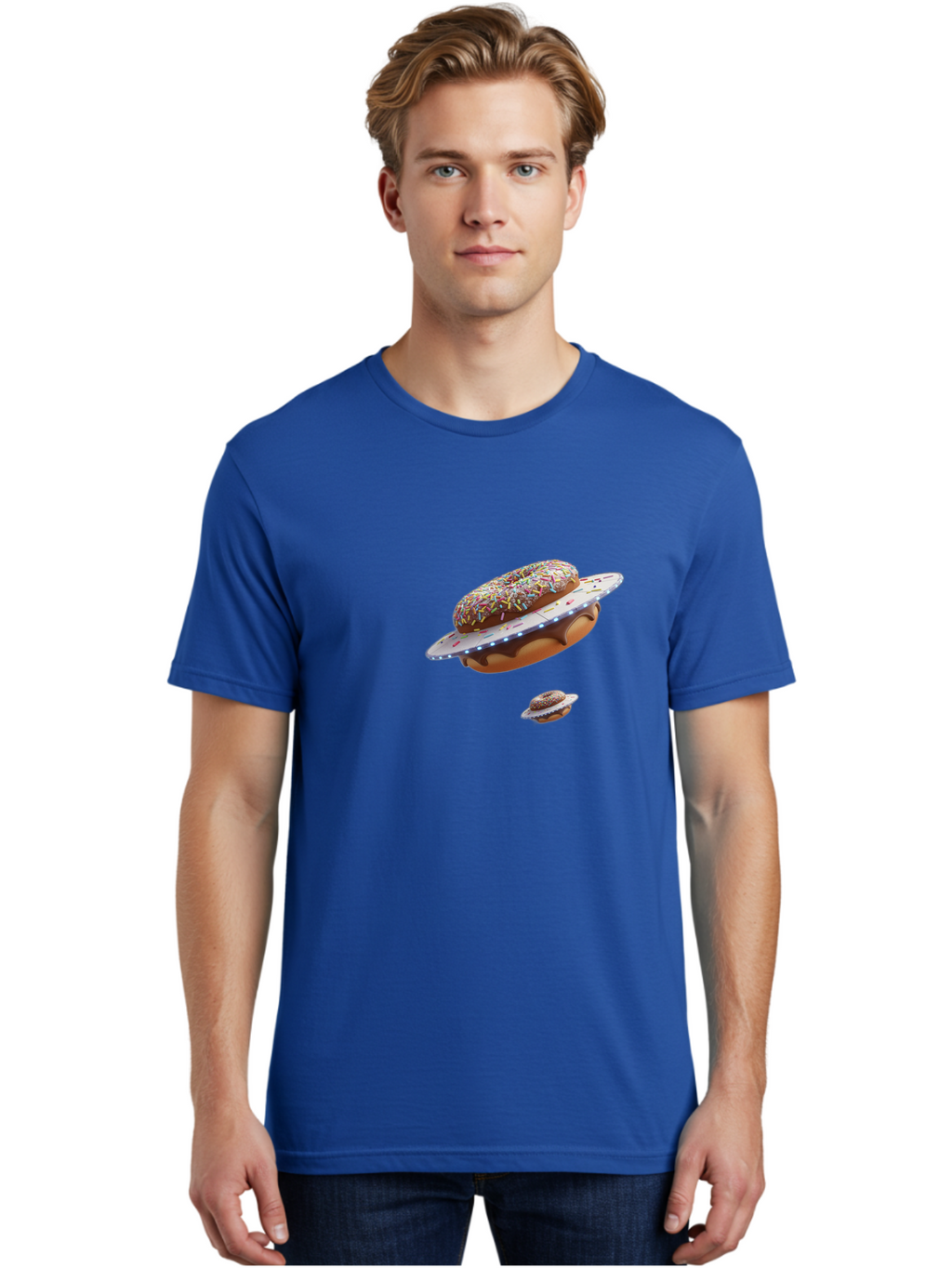 Donut-Ufo-2 Men'S Graphic Tee, 100% Cotton, Comfortable Casual Summer Wear, Machine Washable, Donut Ufo, Sprinkles, Colorful Treats, Flying Donuts, Sweet Galaxy, Whimsical Dessert, Digital Art, Creative Design, Fun Food Bab874