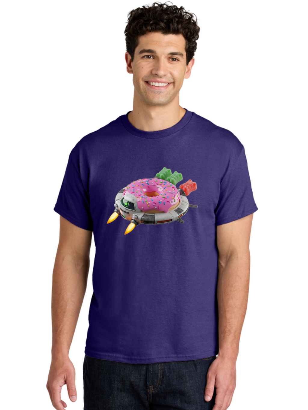 Donut-Ufo Men'S Graphic Tee, 100% Cotton, Comfortable Casual Summer Wear, Machine Washable, Pink Frosted Donut With Sprinkles, Ufo, Robotic Eyes, Gummy Bears, Futuristic, Candy, Sweet Treats, Digital Art, Cartoon Style, Whimsical, Fantastical Bab875