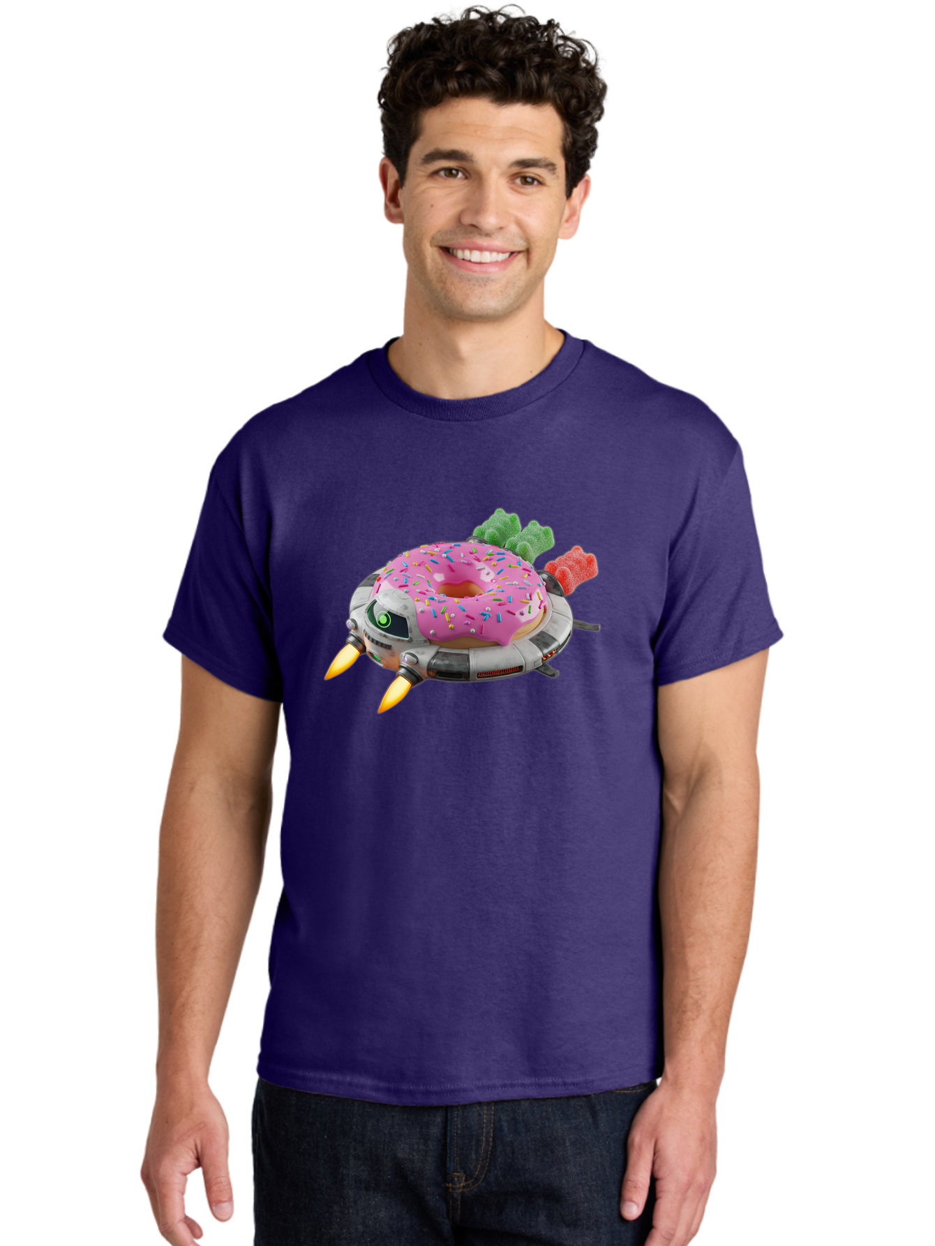 Donut-Ufo Men'S Graphic Tee, 100% Cotton, Comfortable Casual Summer Wear, Machine Washable, Pink Frosted Donut With Sprinkles, Ufo, Robotic Eyes, Gummy Bears, Futuristic, Candy, Sweet Treats, Digital Art, Cartoon Style, Whimsical, Fantastical Bab875