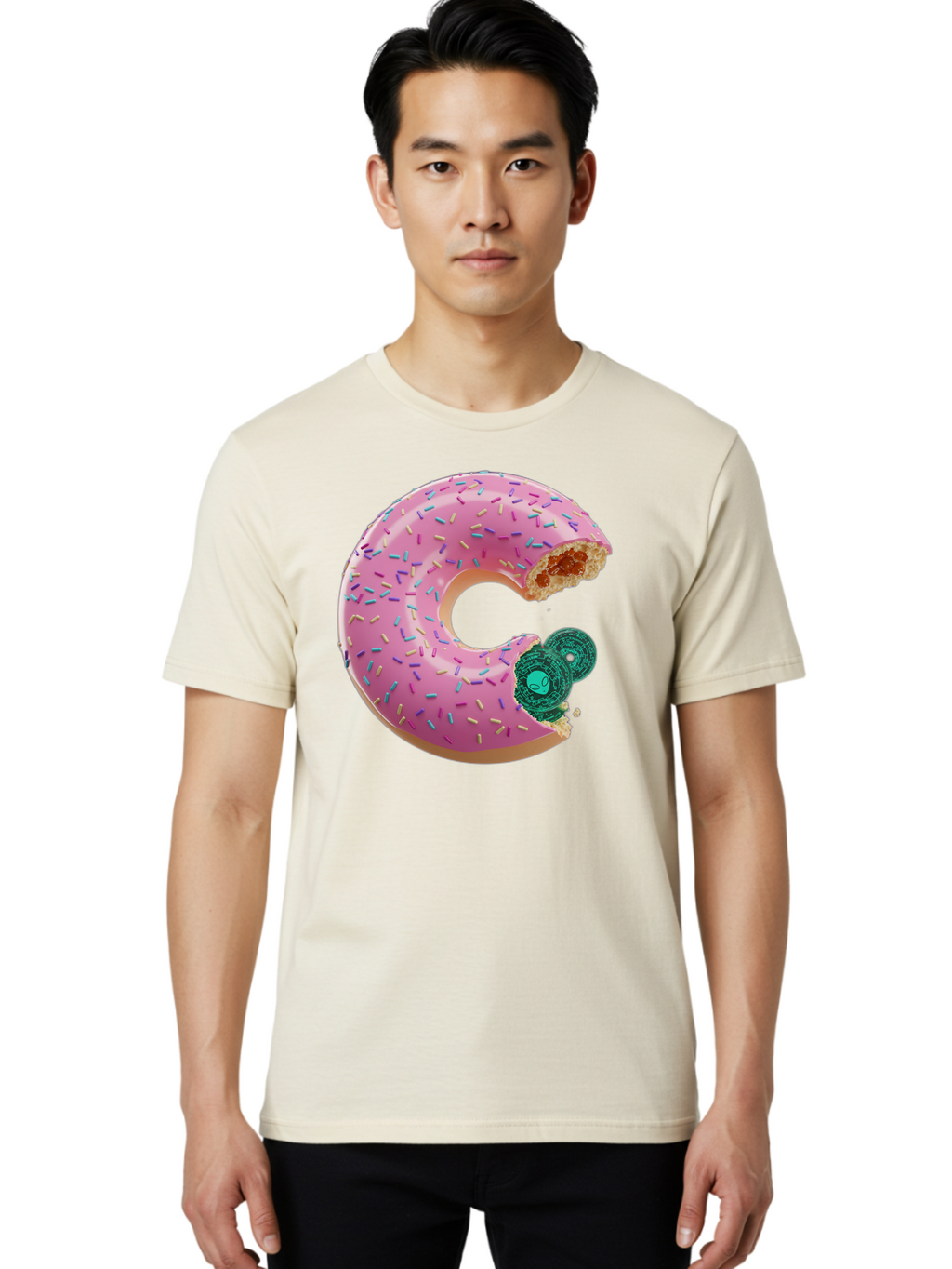 Donut-With-Bitcoin-Bite Men'S Graphic Tee, 100% Cotton, Comfortable Casual Summer Wear, Machine Washable, Pink Donut, Donut With Jelly Filling, Jelly Donut, Donut With Sprinkles, Bitten Donut, Donut Treat, Sweet Pastry, Dessert Food Bab876