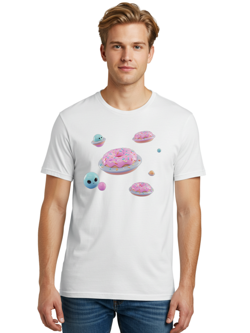 Donuts-And-Space-Creatures Men'S Graphic Tee, 100% Cotton, Comfortable Casual Summer Wear, Machine Washable, Colorful Donuts, Pink Frosting, Rainbow Sprinkles, Cute Slimes, Pastel Colors, Whimsical Design, Playful Treat, Sweet Delight, Bab877
