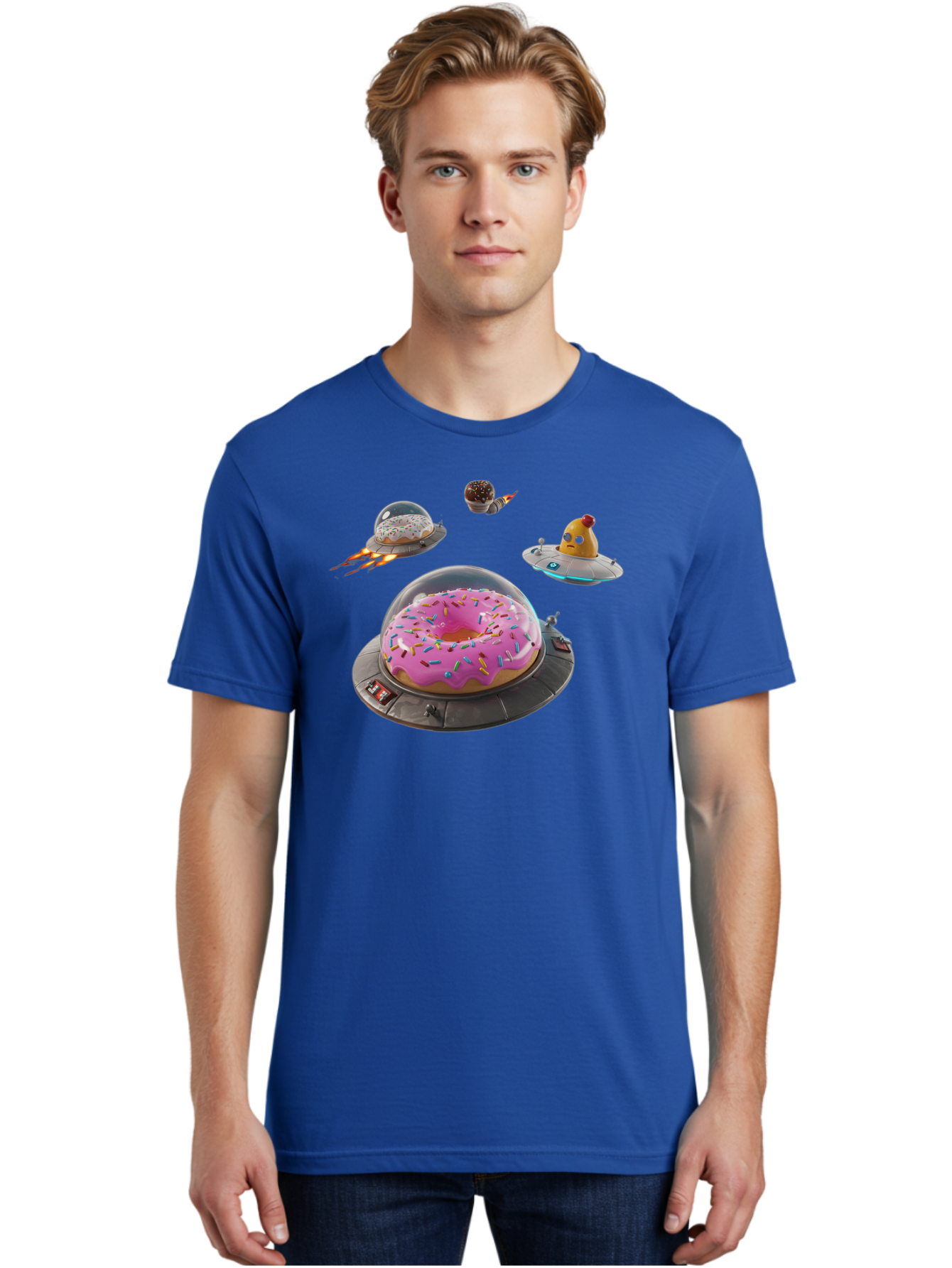 Donuts-In-Ufos Men'S Graphic Tee, 100% Cotton, Comfortable Casual Summer Wear, Machine Washable, Donuts In Ufos, Pink Frosted Donut, Sprinkles, Cupcakes, Ufos, Flying Saucers, Desserts, Sweet Treats, Futuristic, Colorful, Whimsical, Bab878