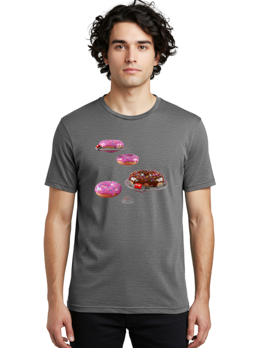 Donuts-On-Ufos Men'S Graphic Tee, 100% Cotton, Comfortable Casual Summer Wear, Machine Washable, Pink Frosted Donuts, Chocolate Frosted Donut, Sprinkles, Ufos, Eat Me Sign, Flying Donuts, Futuristic Dessert, 3D Rendering Bab879