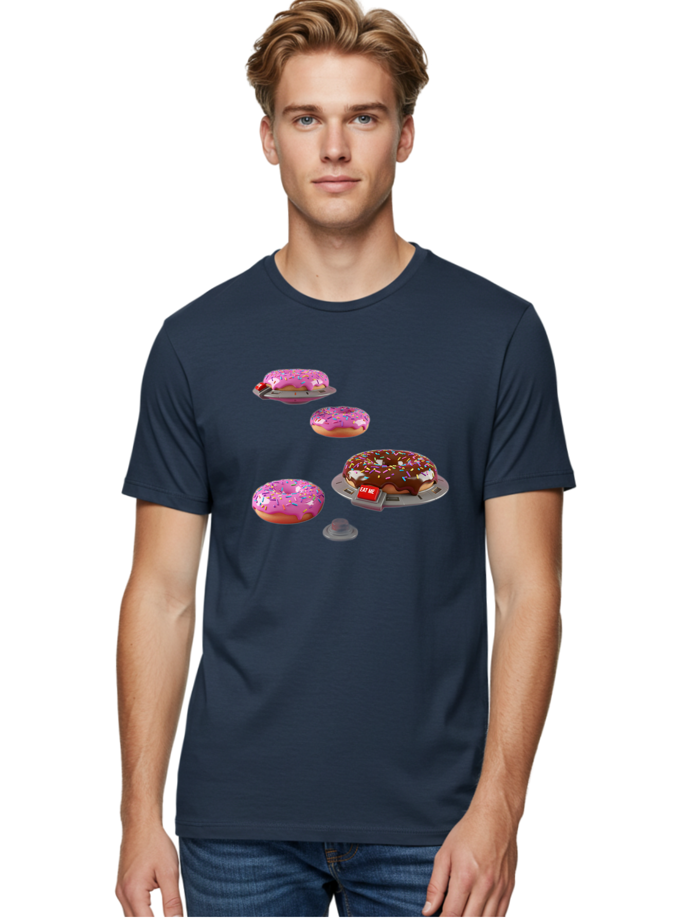 Donuts-On-Ufos Men'S Graphic Tee, 100% Cotton, Comfortable Casual Summer Wear, Machine Washable, Pink Frosted Donuts, Chocolate Frosted Donut, Sprinkles, Ufos, Eat Me Sign, Flying Donuts, Futuristic Dessert, 3D Rendering Bab879
