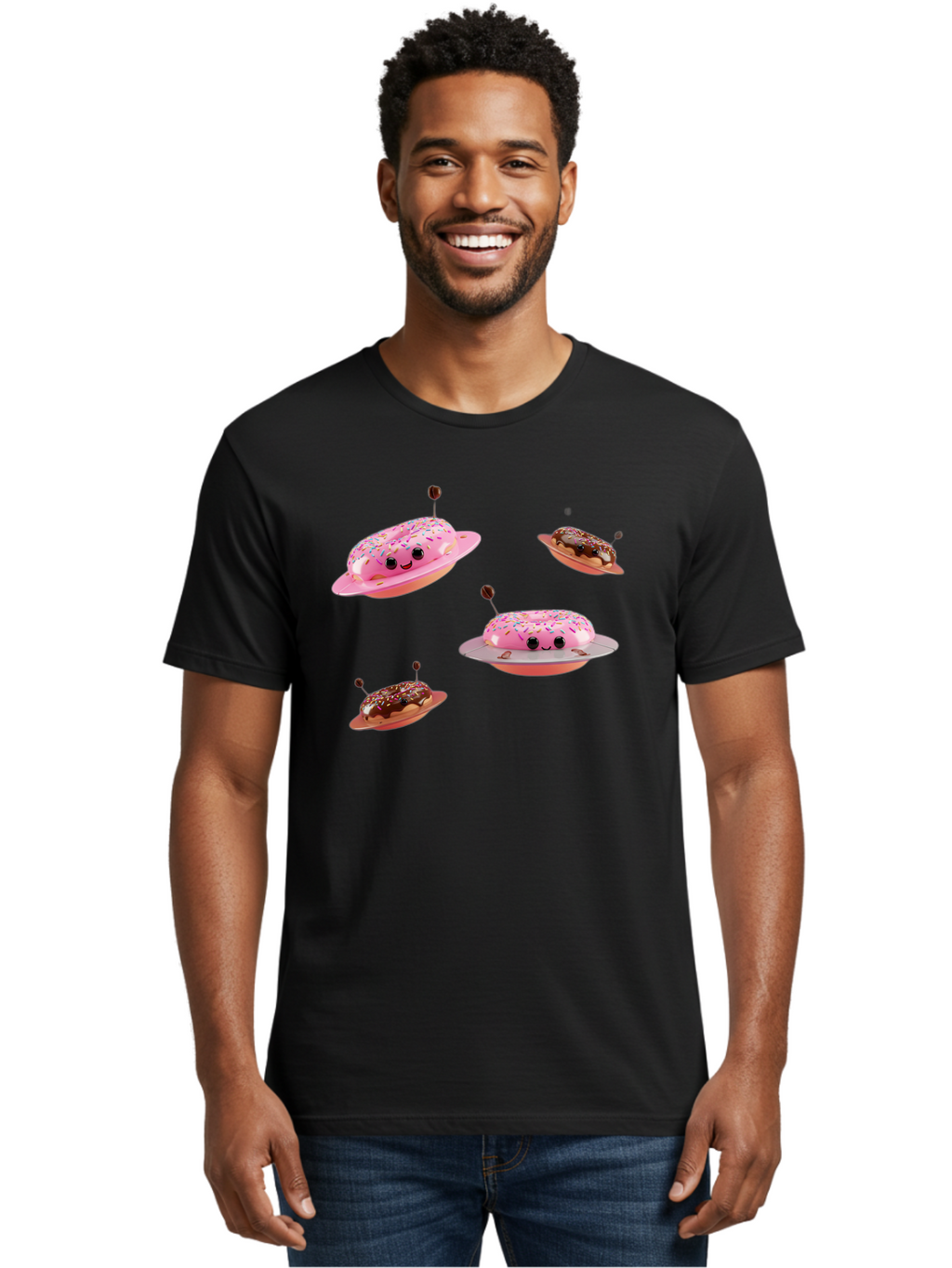 Donuts-Ufo Men'S Graphic Tee, 100% Cotton, Comfortable Casual Summer Wear, Machine Washable, Donut Ufos, Pink Donut, Chocolate Donut, Sprinkles, Funny Ufo, Cartoon Ufo, Whimsical Illustration, Foodie Humor, Alien Donuts, Playful Graphics Bab880