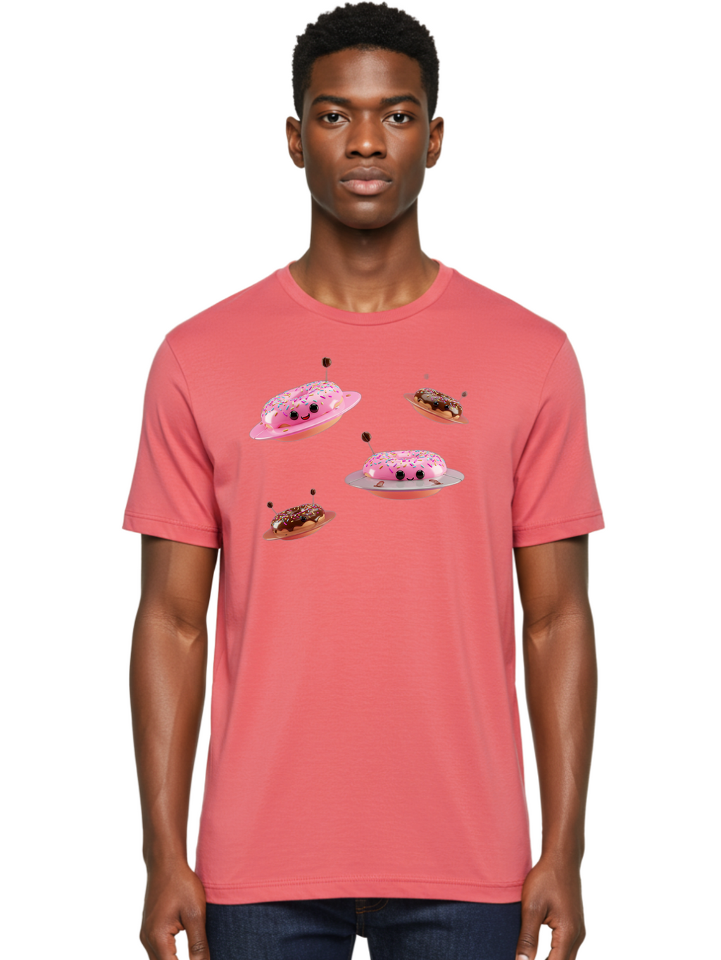 Donuts-Ufo Men'S Graphic Tee, 100% Cotton, Comfortable Casual Summer Wear, Machine Washable, Donut Ufos, Pink Donut, Chocolate Donut, Sprinkles, Funny Ufo, Cartoon Ufo, Whimsical Illustration, Foodie Humor, Alien Donuts, Playful Graphics Bab880