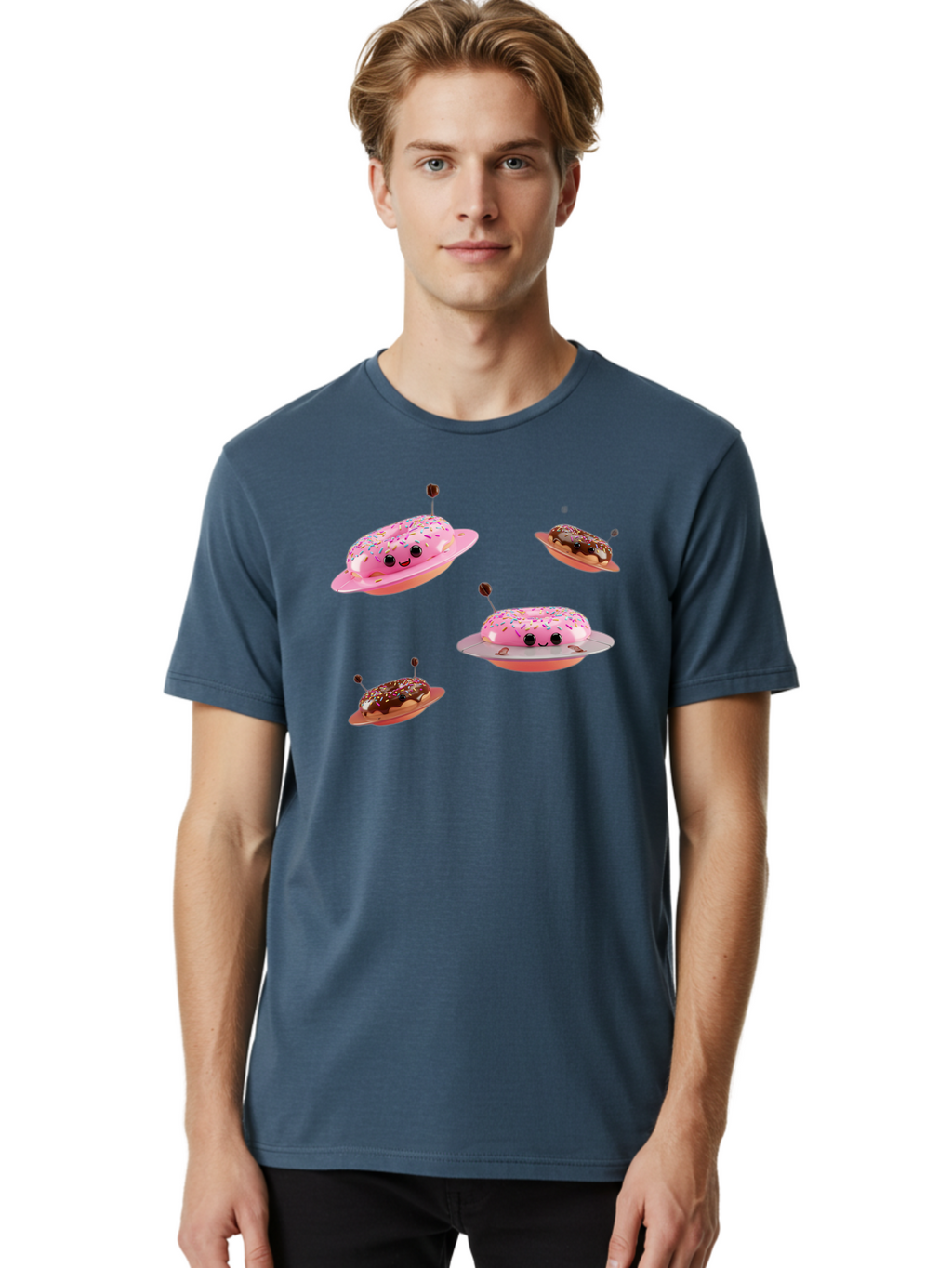 Donuts-Ufo Men'S Graphic Tee, 100% Cotton, Comfortable Casual Summer Wear, Machine Washable, Donut Ufos, Pink Donut, Chocolate Donut, Sprinkles, Funny Ufo, Cartoon Ufo, Whimsical Illustration, Foodie Humor, Alien Donuts, Playful Graphics Bab880