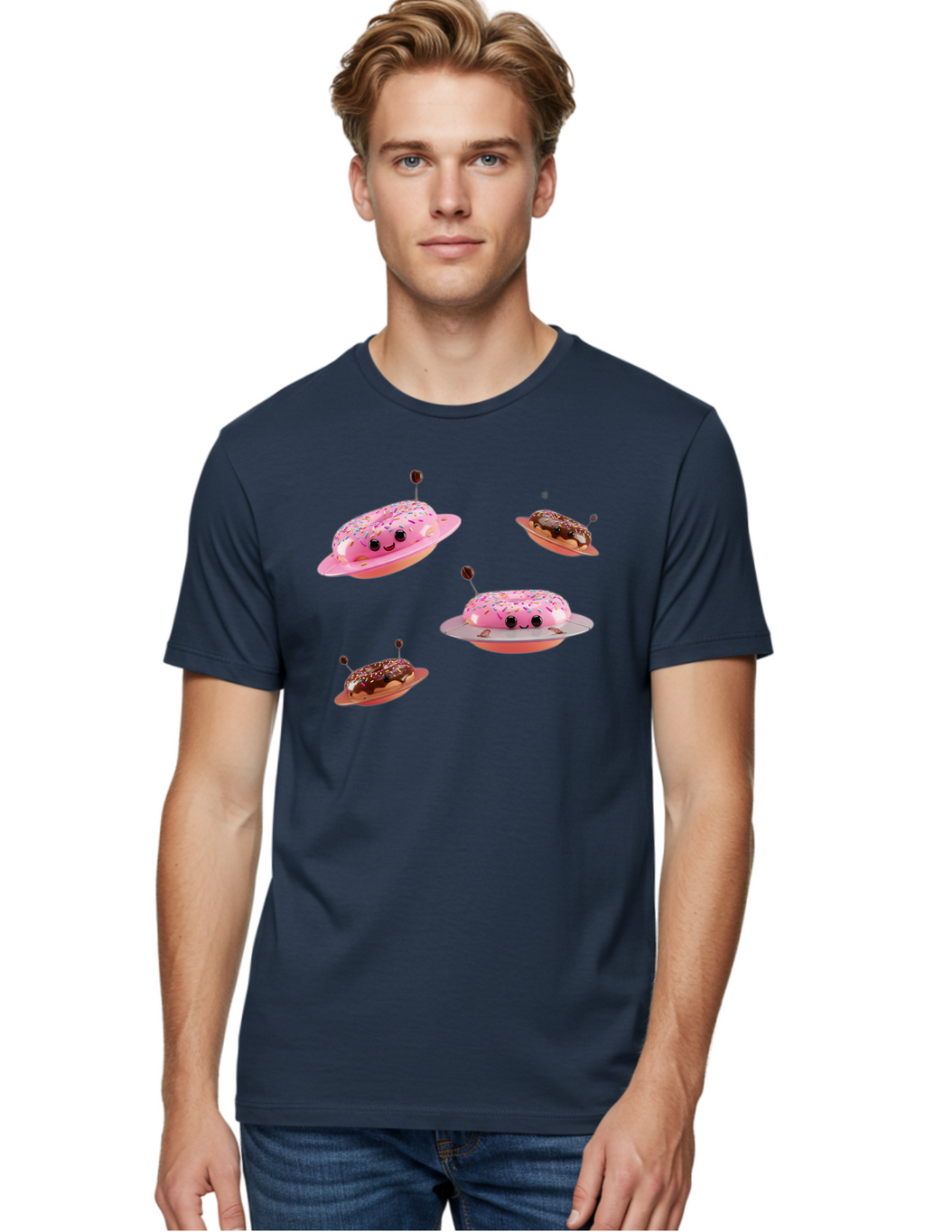 Donuts-Ufo Men'S Graphic Tee, 100% Cotton, Comfortable Casual Summer Wear, Machine Washable, Donut Ufos, Pink Donut, Chocolate Donut, Sprinkles, Funny Ufo, Cartoon Ufo, Whimsical Illustration, Foodie Humor, Alien Donuts, Playful Graphics Bab880
