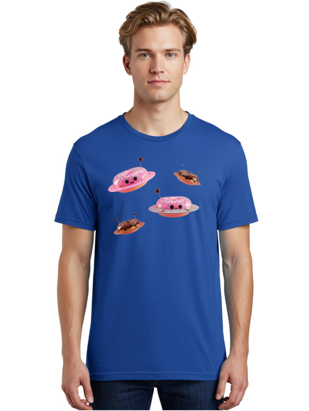 Donuts-Ufo Men'S Graphic Tee, 100% Cotton, Comfortable Casual Summer Wear, Machine Washable, Donut Ufos, Pink Donut, Chocolate Donut, Sprinkles, Funny Ufo, Cartoon Ufo, Whimsical Illustration, Foodie Humor, Alien Donuts, Playful Graphics Bab880