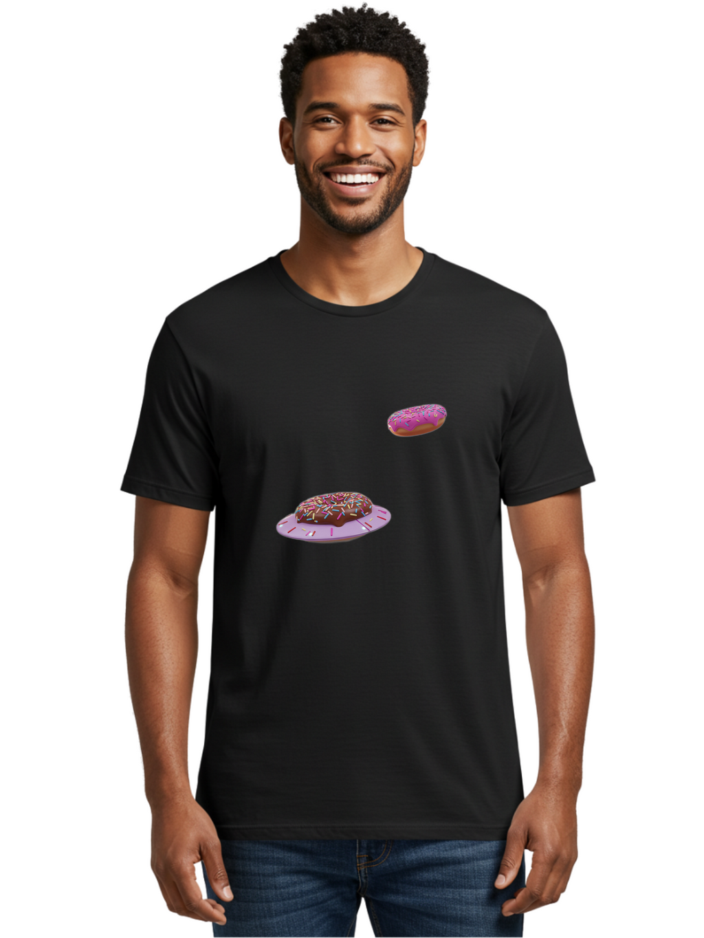 Donuts-With-Sprinkles Men'S Graphic Tee, 100% Cotton, Comfortable Casual Summer Wear, Machine Washable, Donuts In Mid-Air, Chocolate Donut With Sprinkles, Pink Frosting And Sprinkles, Sweet Treats, Dessert Delights, Tasty Pastries, Bab881