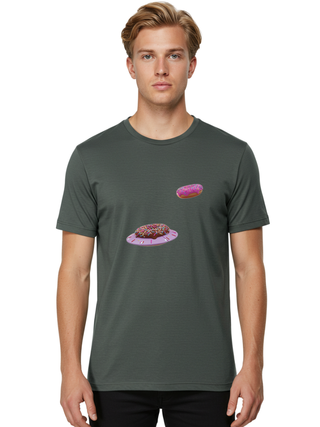 Donuts-With-Sprinkles Men'S Graphic Tee, 100% Cotton, Comfortable Casual Summer Wear, Machine Washable, Donuts In Mid-Air, Chocolate Donut With Sprinkles, Pink Frosting And Sprinkles, Sweet Treats, Dessert Delights, Tasty Pastries, Bab881