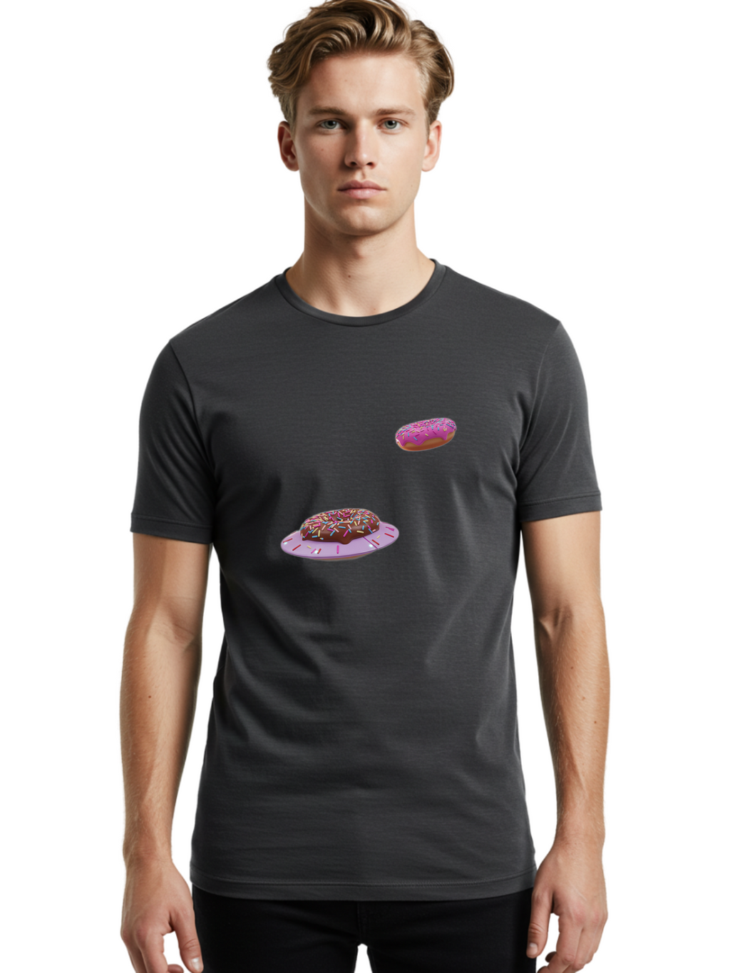 Donuts-With-Sprinkles Men'S Graphic Tee, 100% Cotton, Comfortable Casual Summer Wear, Machine Washable, Donuts In Mid-Air, Chocolate Donut With Sprinkles, Pink Frosting And Sprinkles, Sweet Treats, Dessert Delights, Tasty Pastries, Bab881