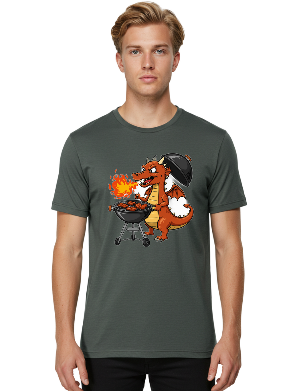 Dragon-Barbecue Men'S Graphic Tee, 100% Cotton, Comfortable Casual Summer Wear, Machine Washable, Cartoon Dragon, Grilling On Barbecue, Cooking Meat, Outdoor Cooking, Fiery Flames, Comical Dragon, Playful Illustration, Humorous Dragon, Bab883