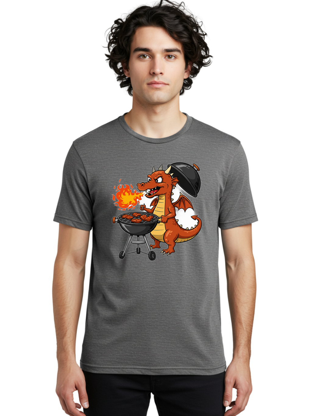 Dragon-Barbecue Men'S Graphic Tee, 100% Cotton, Comfortable Casual Summer Wear, Machine Washable, Cartoon Dragon, Grilling On Barbecue, Cooking Meat, Outdoor Cooking, Fiery Flames, Comical Dragon, Playful Illustration, Humorous Dragon, Bab883