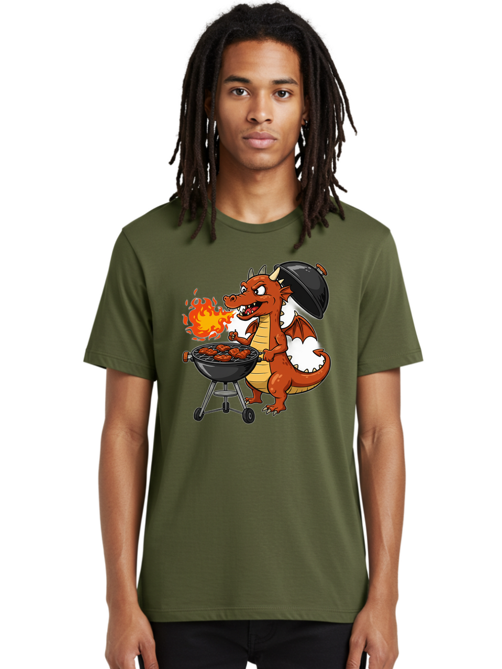 Dragon-Barbecue Men'S Graphic Tee, 100% Cotton, Comfortable Casual Summer Wear, Machine Washable, Cartoon Dragon, Grilling On Barbecue, Cooking Meat, Outdoor Cooking, Fiery Flames, Comical Dragon, Playful Illustration, Humorous Dragon, Bab883