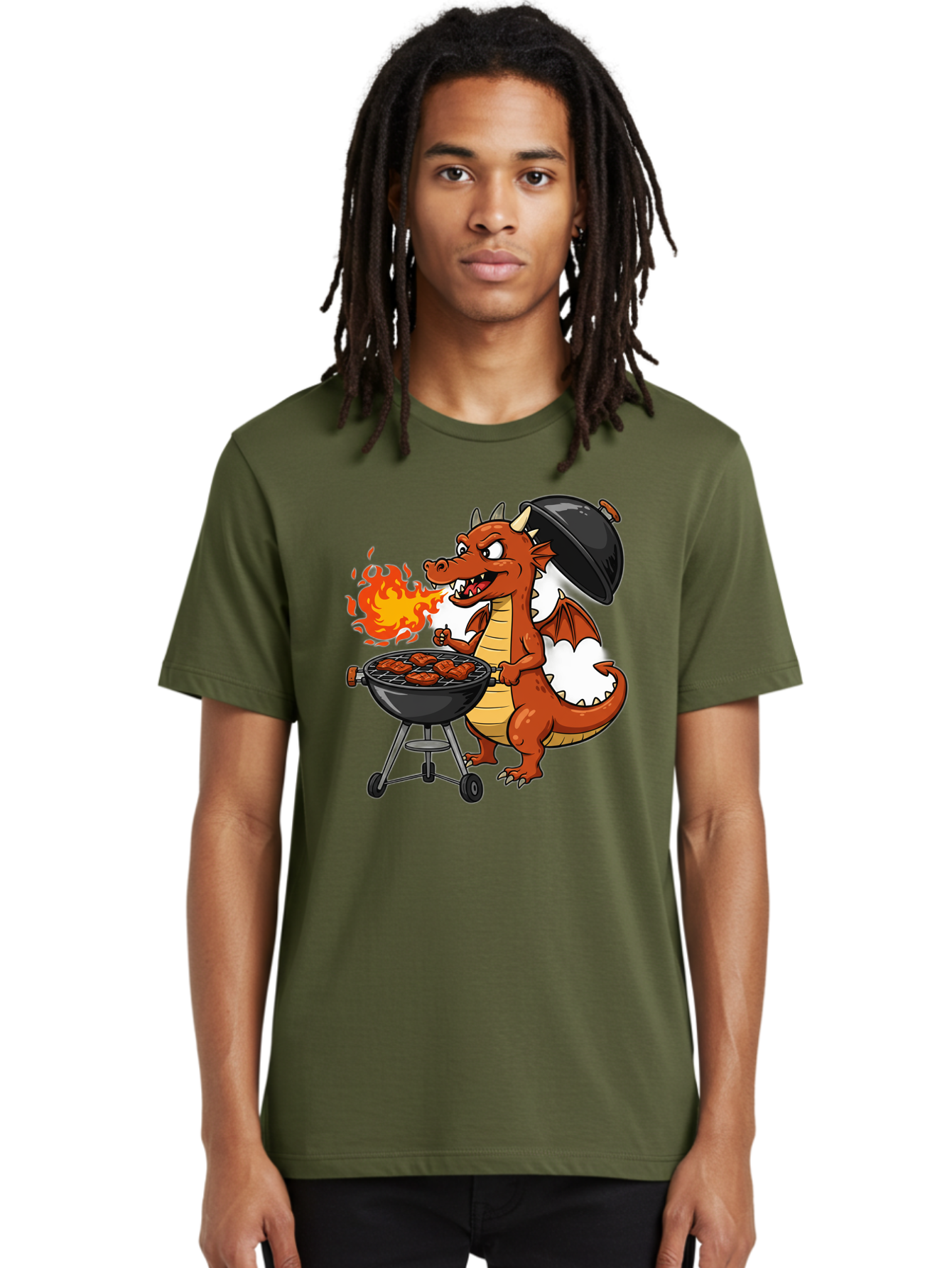 Dragon-Barbecue Men'S Graphic Tee, 100% Cotton, Comfortable Casual Summer Wear, Machine Washable, Cartoon Dragon, Grilling On Barbecue, Cooking Meat, Outdoor Cooking, Fiery Flames, Comical Dragon, Playful Illustration, Humorous Dragon, Bab883