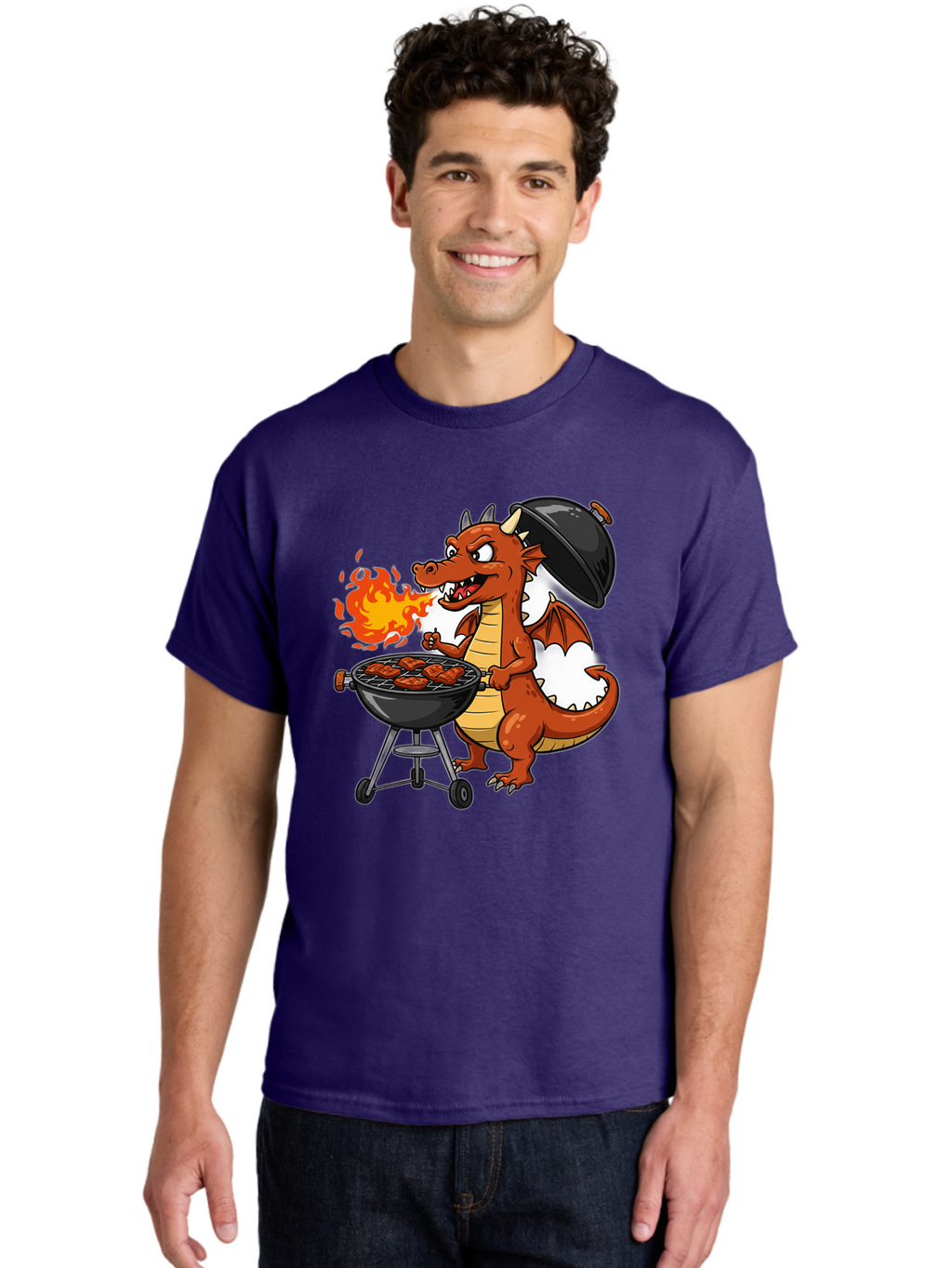 Dragon-Barbecue Men'S Graphic Tee, 100% Cotton, Comfortable Casual Summer Wear, Machine Washable, Cartoon Dragon, Grilling On Barbecue, Cooking Meat, Outdoor Cooking, Fiery Flames, Comical Dragon, Playful Illustration, Humorous Dragon, Bab883
