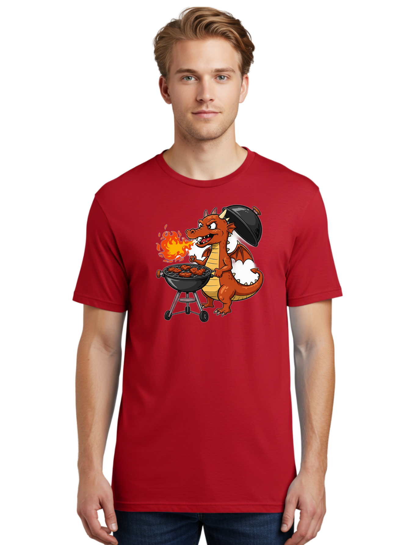 Dragon-Barbecue Men'S Graphic Tee, 100% Cotton, Comfortable Casual Summer Wear, Machine Washable, Cartoon Dragon, Grilling On Barbecue, Cooking Meat, Outdoor Cooking, Fiery Flames, Comical Dragon, Playful Illustration, Humorous Dragon, Bab883